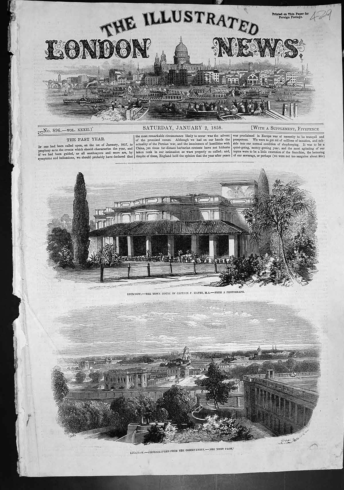 Antique Old Print Lucknow Town House Captain F Hayes Lucknow Observatory 1858