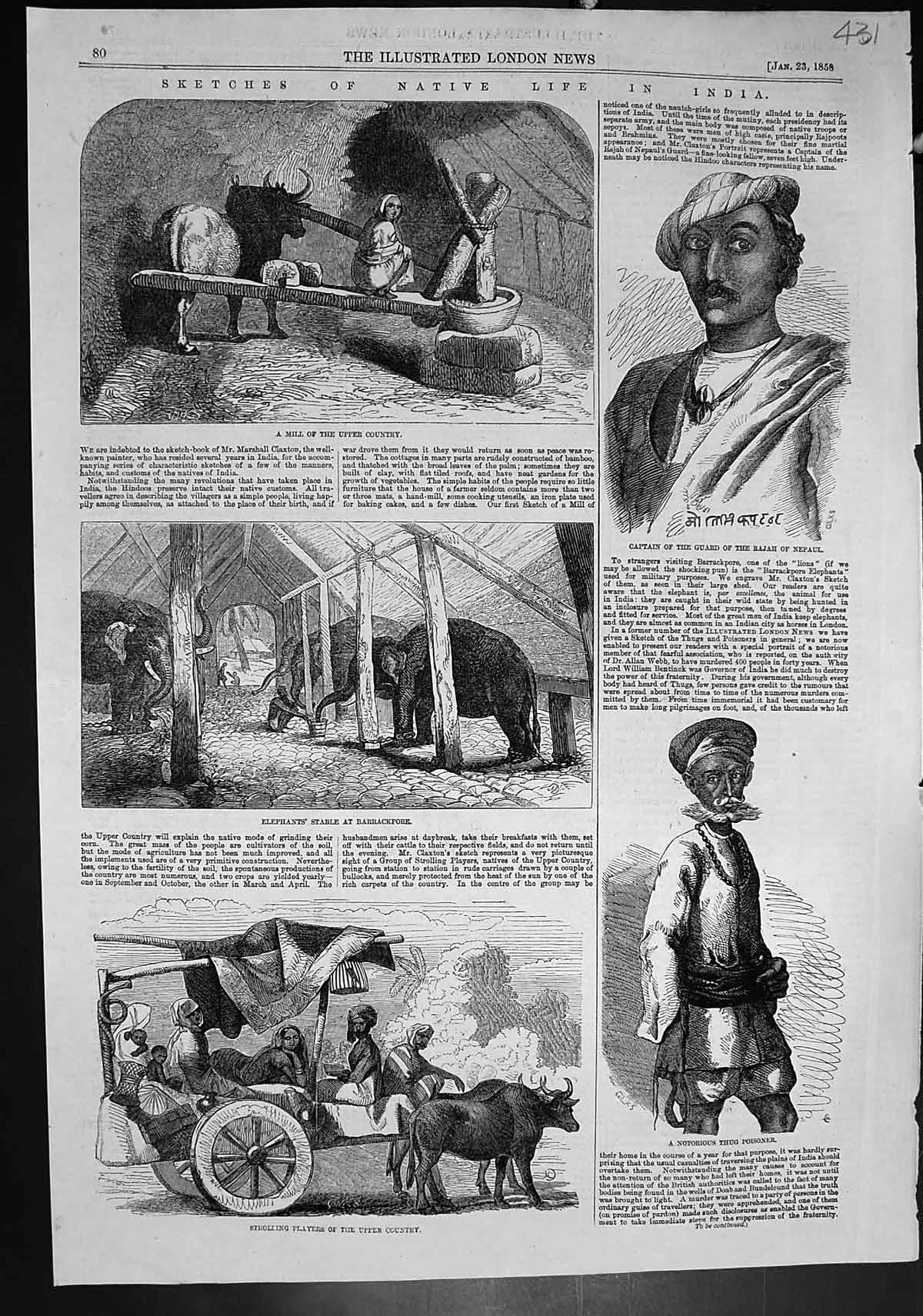 Old Print Native Life India Elephants Stable Strolling Players Mill 1858 19th