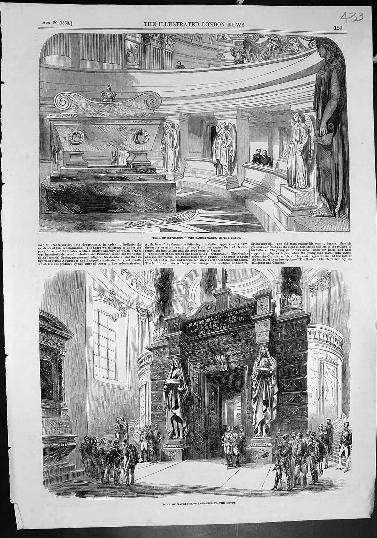 Original Old Antique Print Tomb Napoleon Sarcophagus Crypt Entrance Crypt 1853