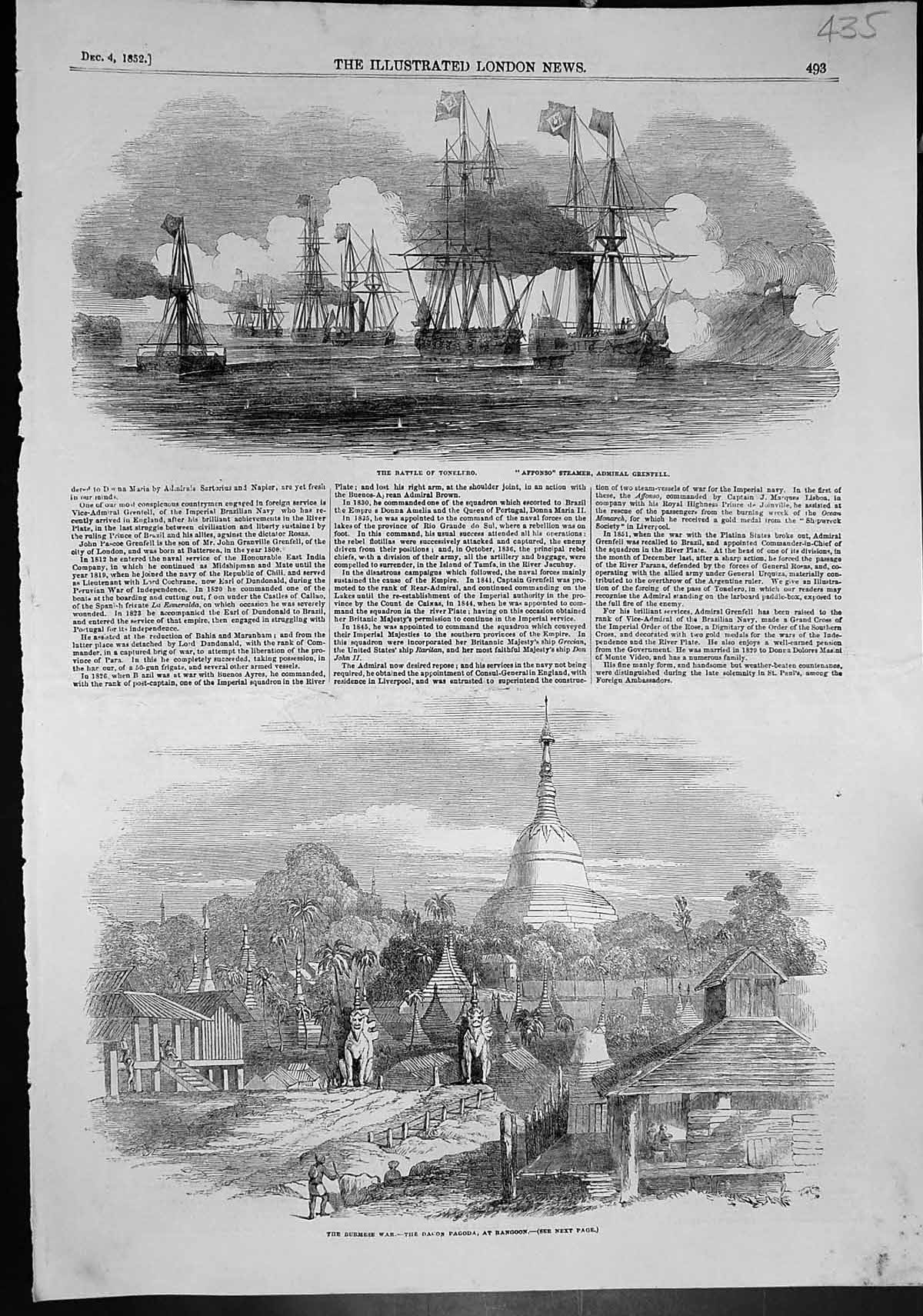 Antique Print Battle Tonelfro Affonso Adm Grenfell Dagon Pagoda Rangoon1852