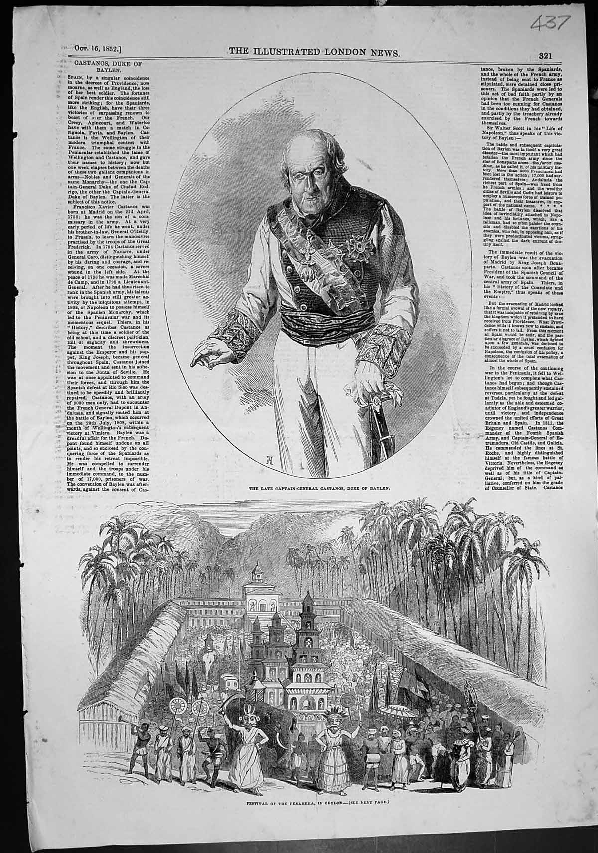 Antique Old Print Capt Gen Castanos Duke Baylen Festival Perahera Ceylon 1852