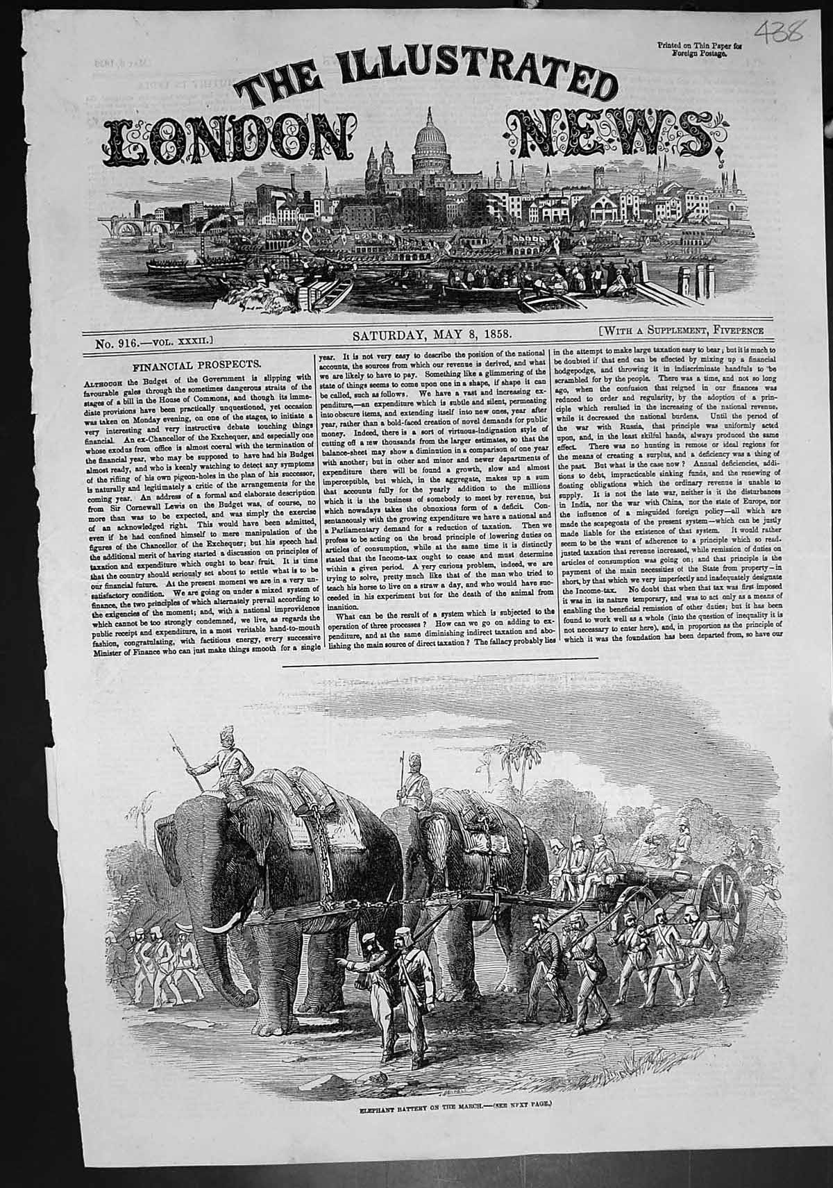 Original Old Antique Print Elephant Battery On March India 1858 19th