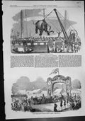 Old Print Unshipping Elephants Calcutta Entertainment Troops Bombay 1858 19th