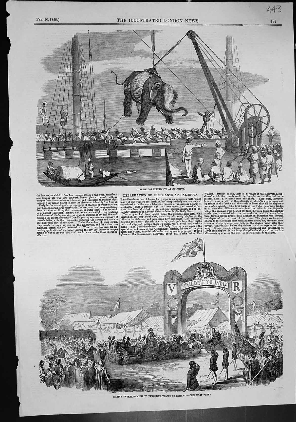 Old Print Unshipping Elephants Calcutta Entertainment Troops Bombay 1858 19th