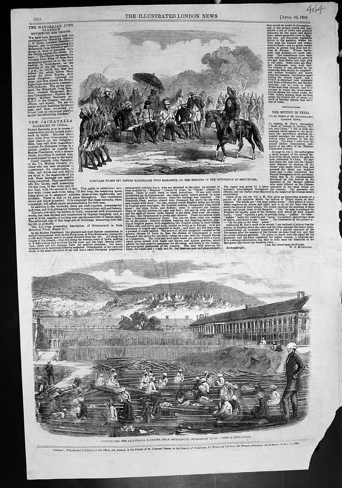 Antique Old Print Goorkahs Maharajah Goruckpore Constructing Barracks 1858 19th