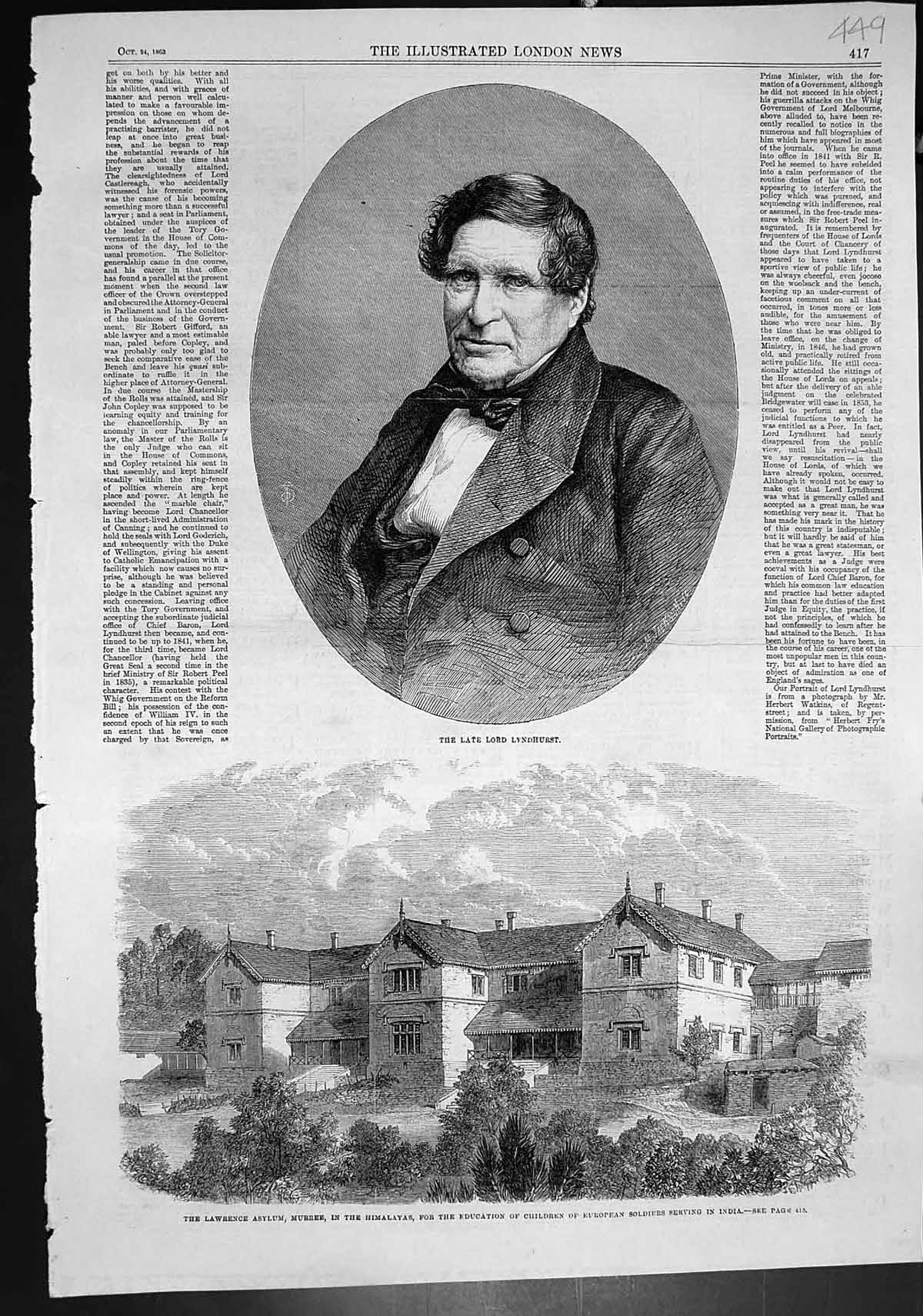 Antique Print Lord Lyndhurst Lawrence Asylum Himalayas Children Siers 1863 19th