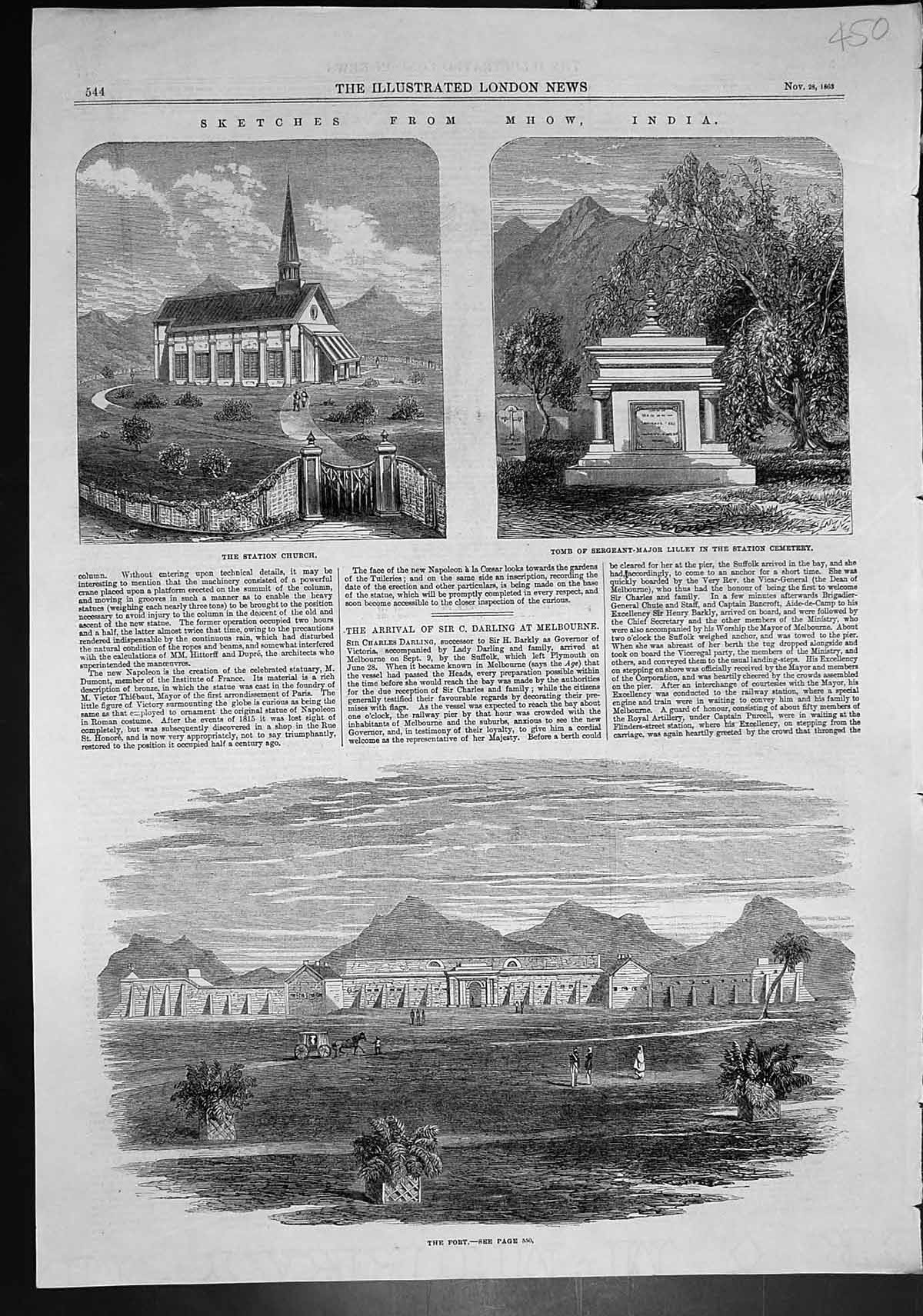 Old Print Mhow India Fort Station Church Tomb Sergeant Major Lilley 1863 19th