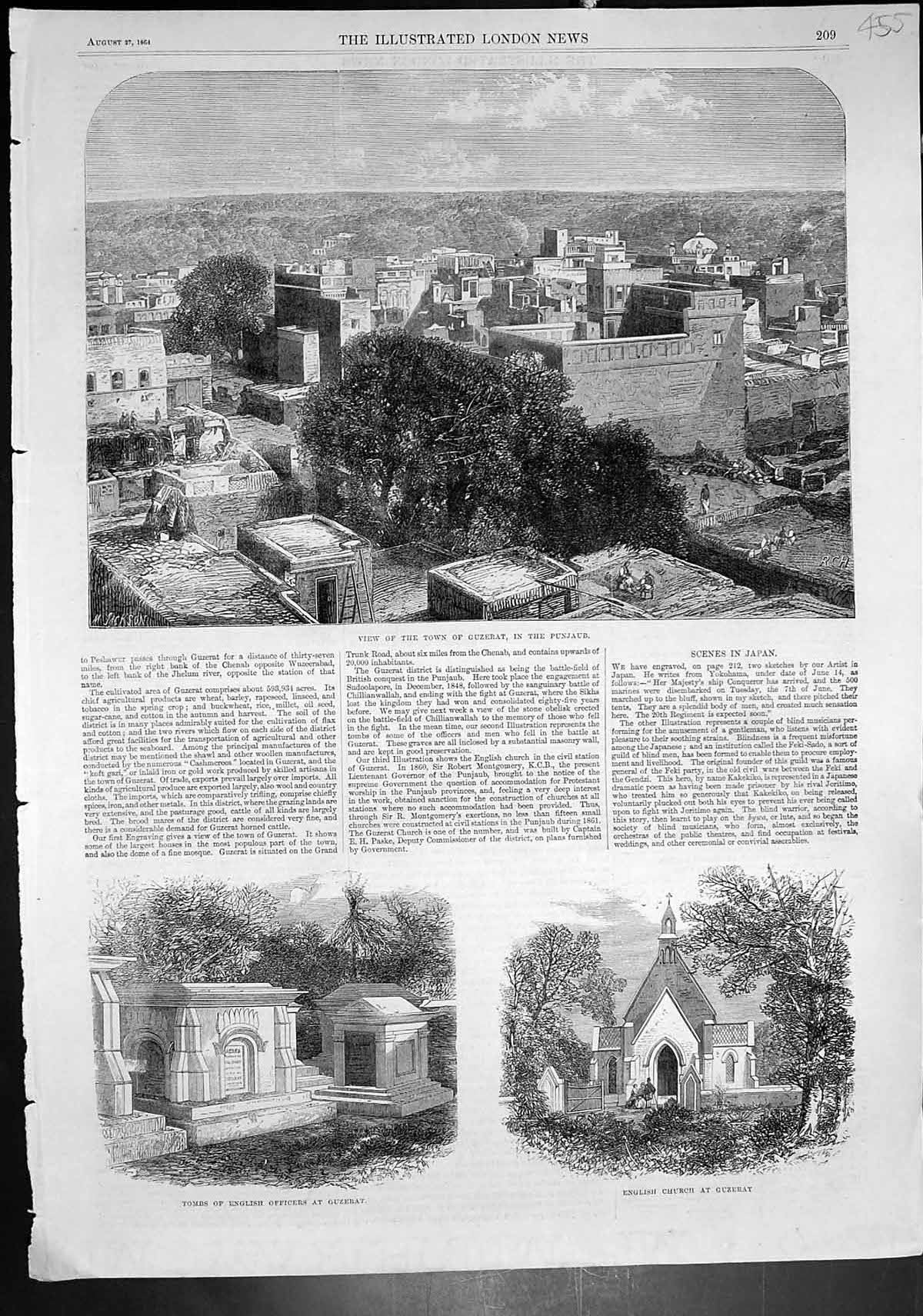 Antique Old Print Guzerat Punjaub English Church Tombs English Officers 1864