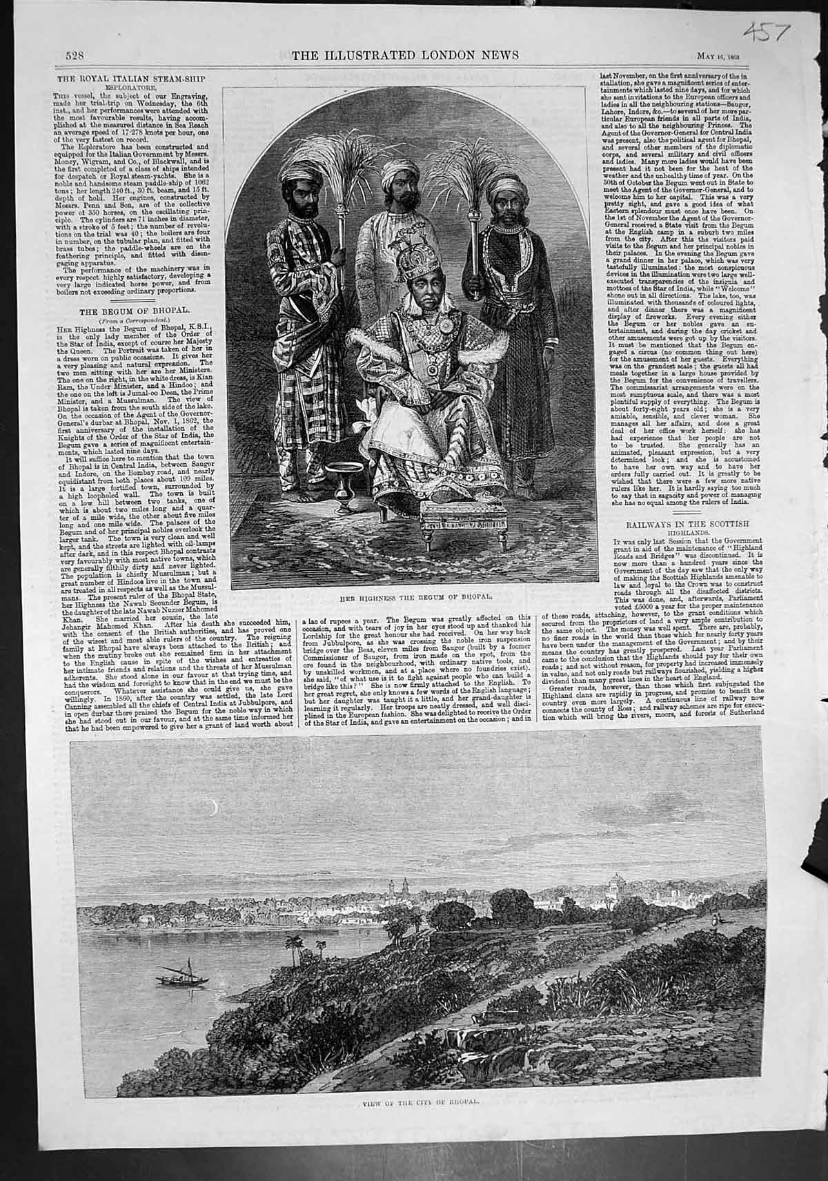 Original Old Antique Print Her Highness Begum Bhopal View City Bhopal 1863 19th