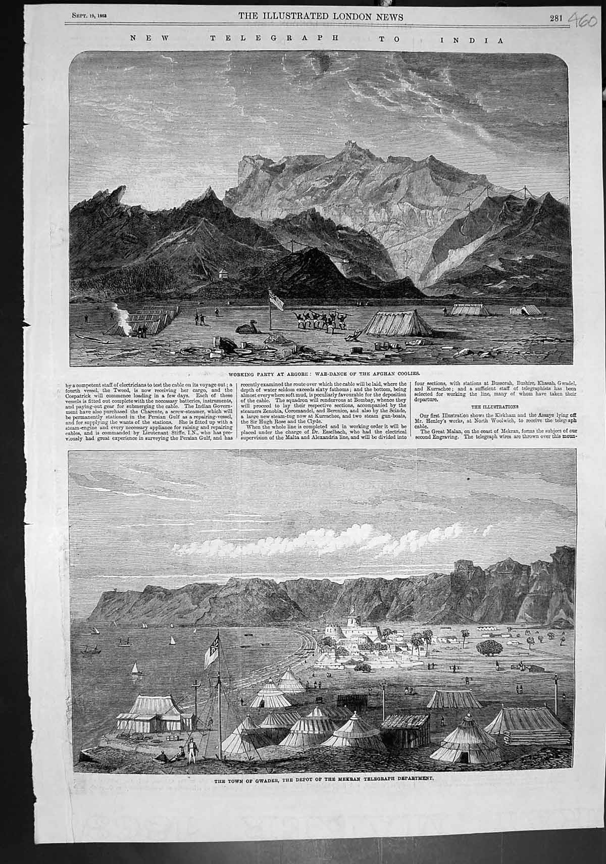 Antique Old Print Working Party Argore War Dance Gwader Mekran Telegraph 1863