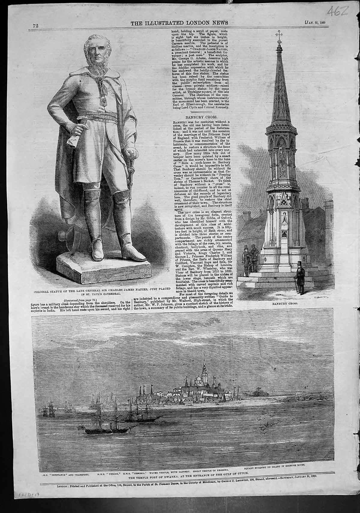 Antique Old Print Banbury Cross Statue Charles Napier Temple Fort Dwarka 1860