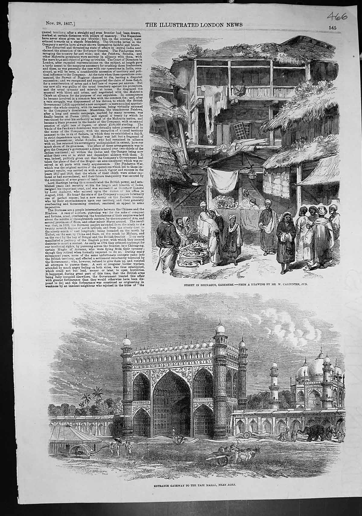 Old Print Entrance Gateway Taje Mahal Agra Street Sirinagur Cashmere 1857 19th
