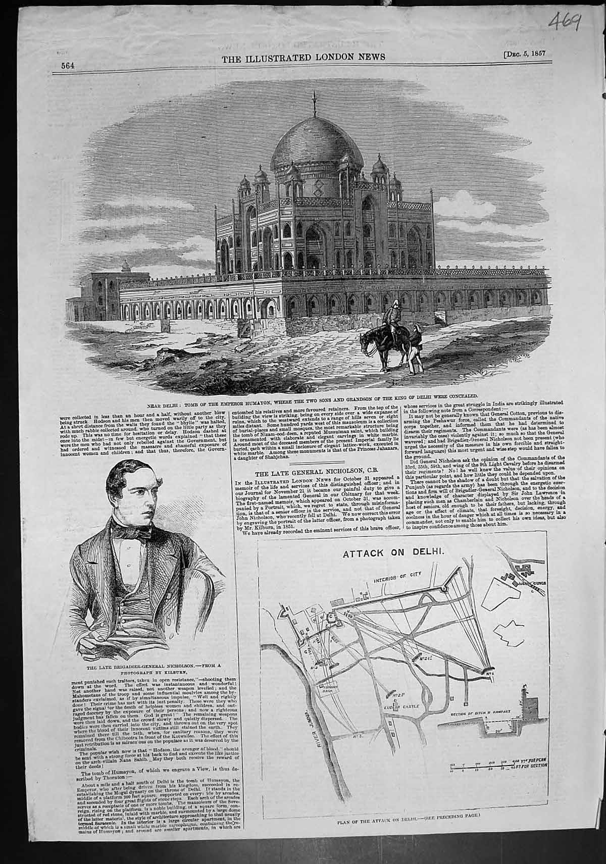 Old Print Tomb Emperor Humayon Plan Attack Delhi Brig Gen Nicholson 1857 19th