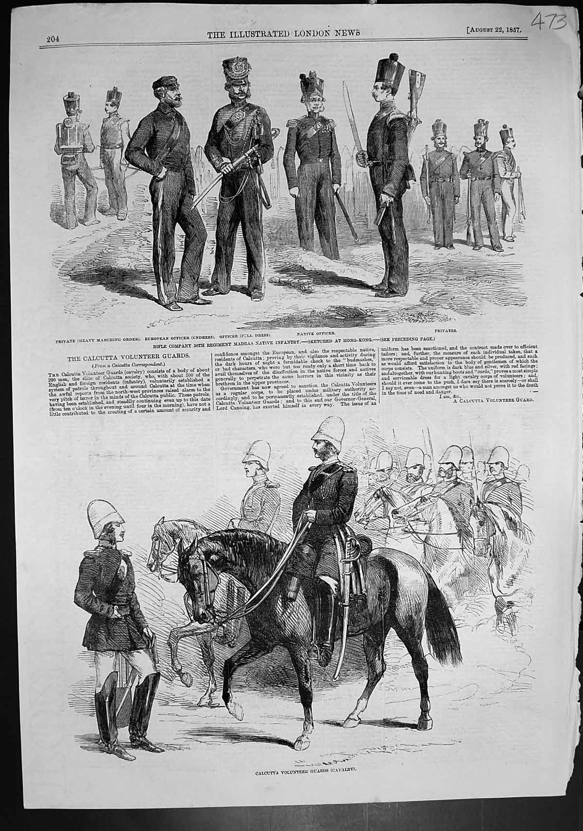 Antique Print Calcutta Volunteer Guards Rifle Co 38Th Regiment Madras 1857