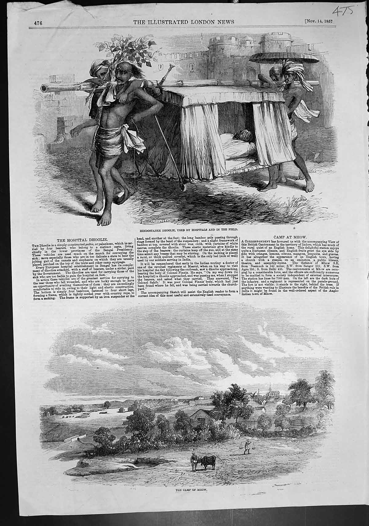 Old Antique Print Camp Mhow Hindostanee Dhoolie Used Hospitals Field 1857 19th