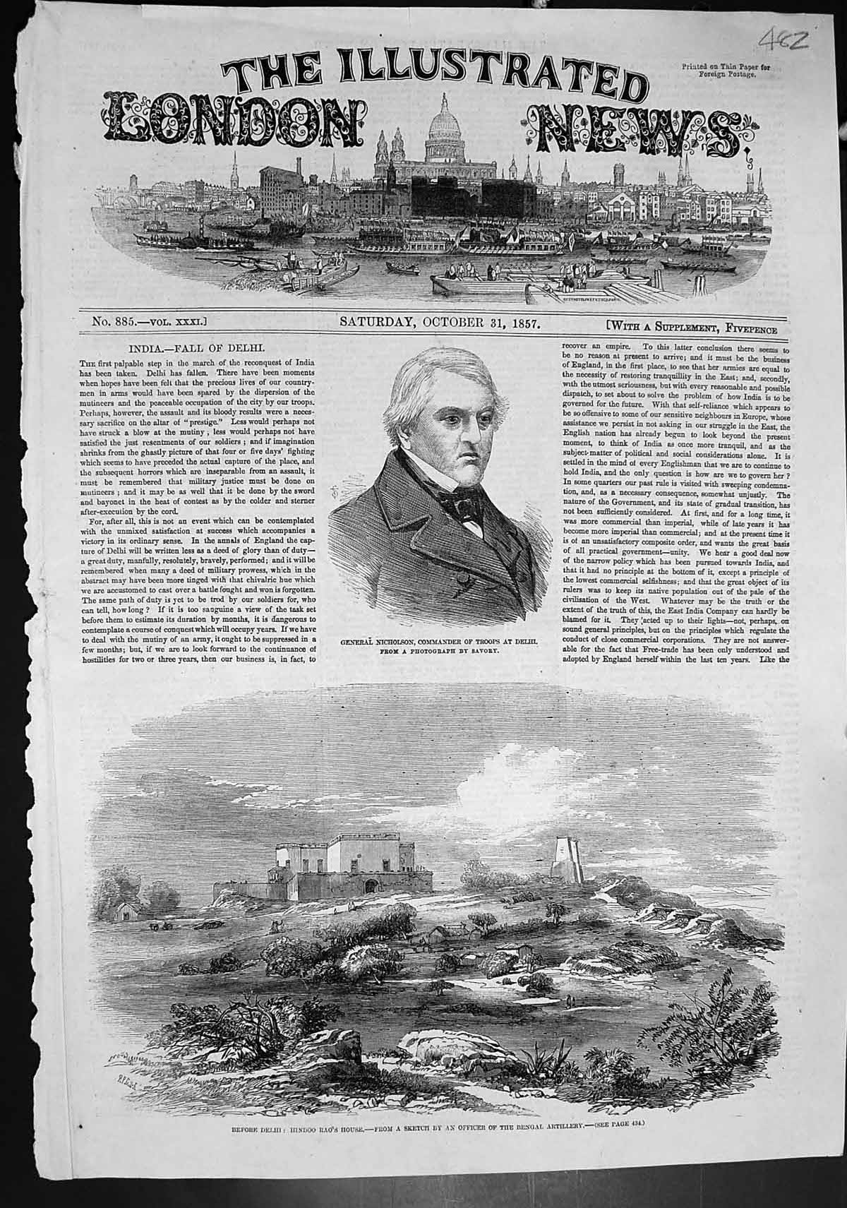 Antique Old Print Gen Nicholson Commander Troops Delhi Hindoo Raos House 1857