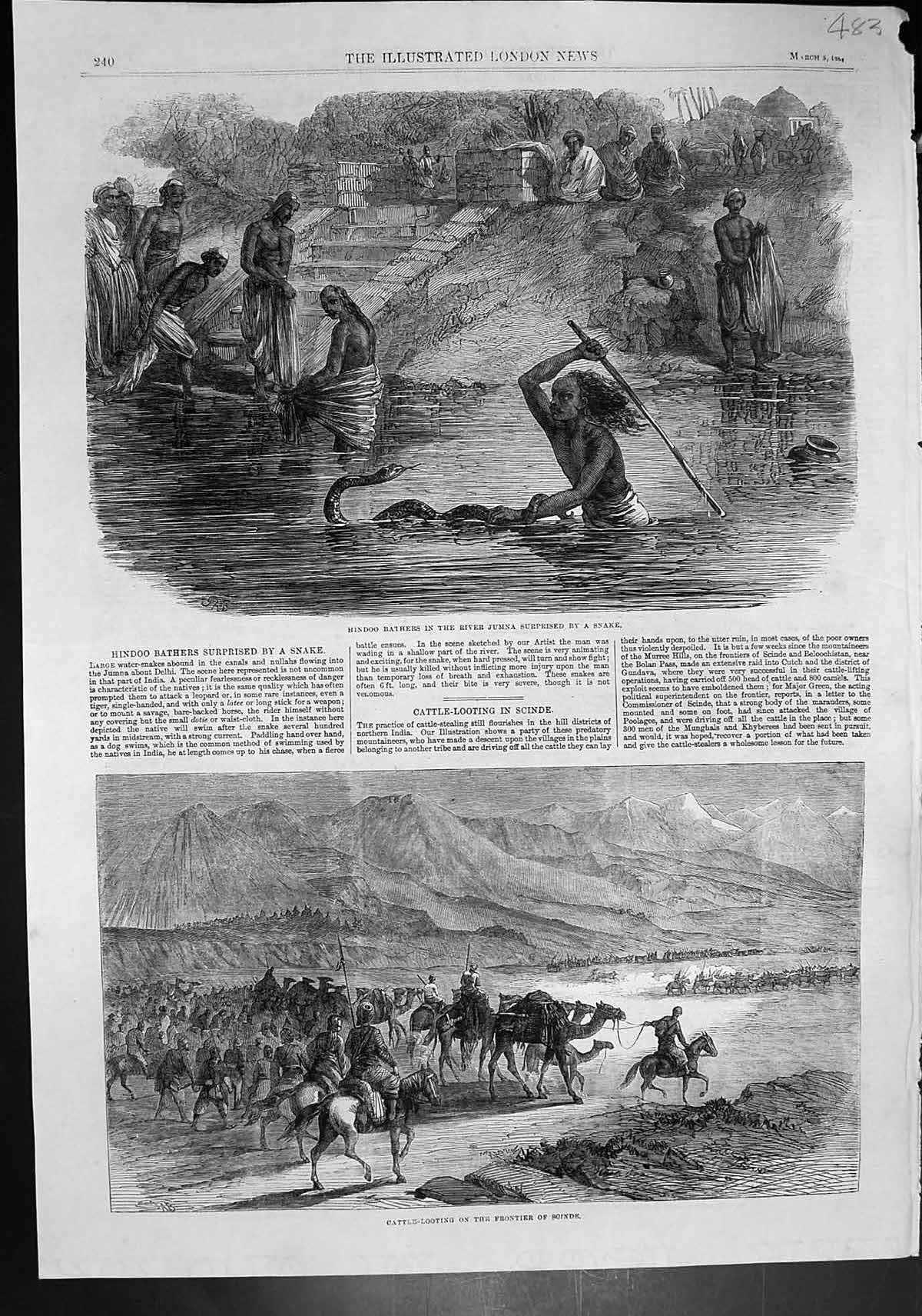 Old Hindoo Bathers River Jumna Surprised Snake Cattle Looting Scinde1