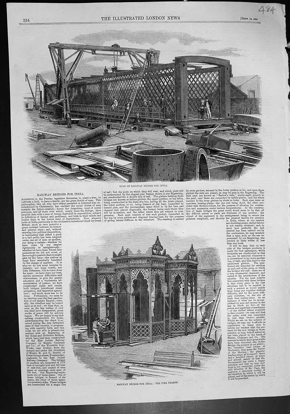 Original Old Antique Print Span Railway Bridge India Pier Frames 1858 Victorian