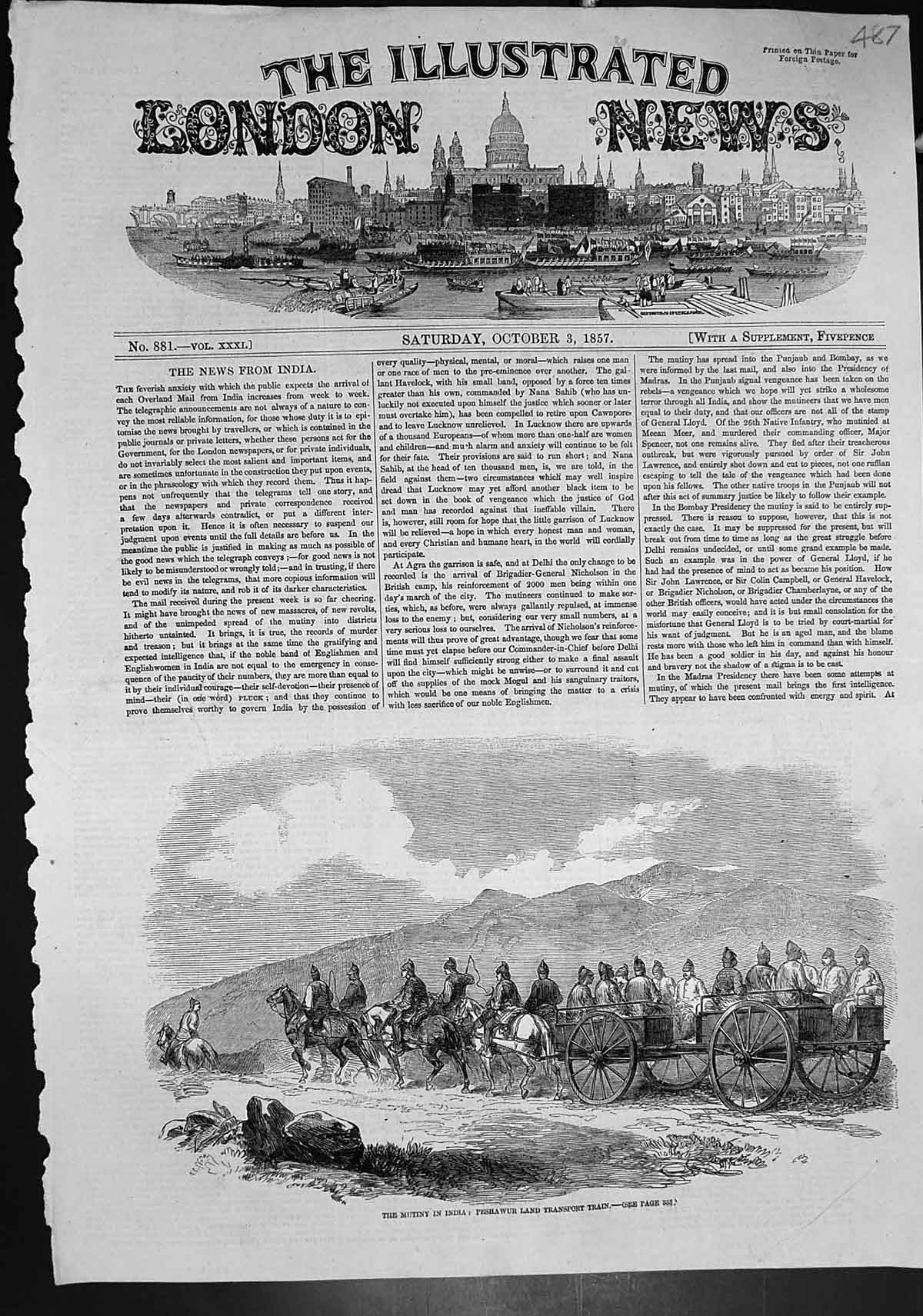 Original Old Antique Print Mutiny India Peshawur Land Transport Train 1857 19th