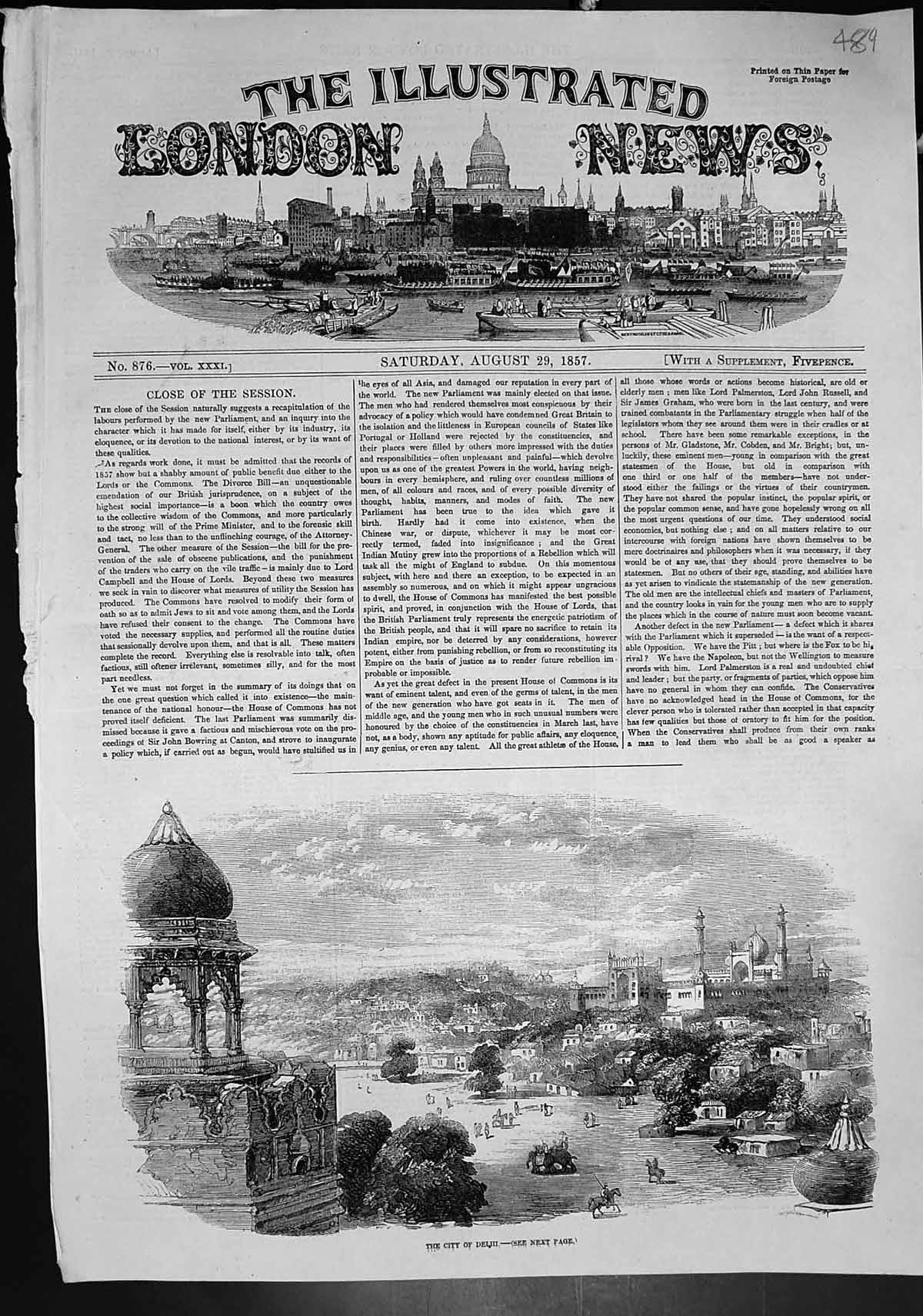 Original Old Antique Print City Delhi Elephants Horses Temple 1857 Victorian