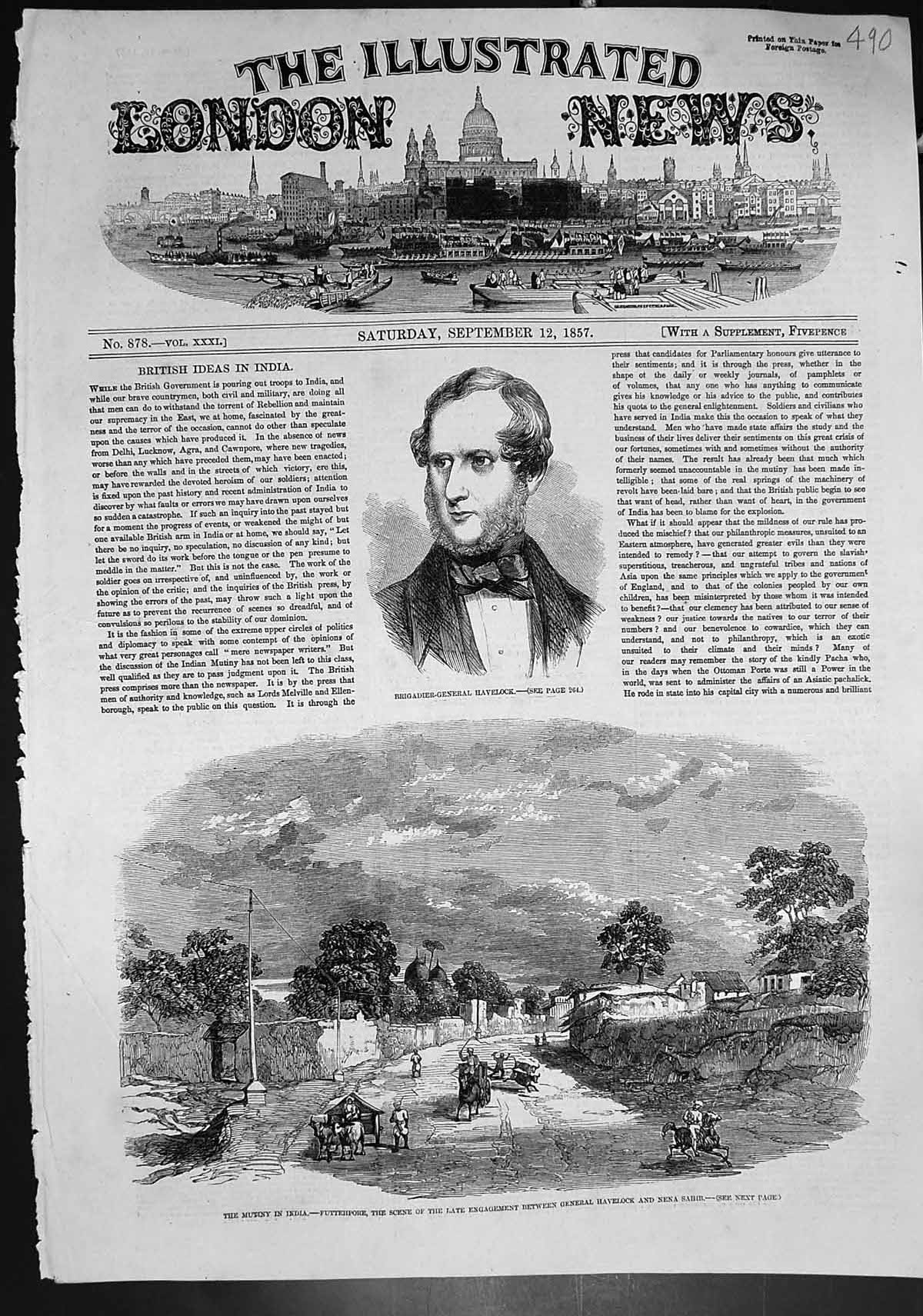 Antique Old Print Mutiny Futtehpore Engagement Gen Havelock Nena Sahib 1857
