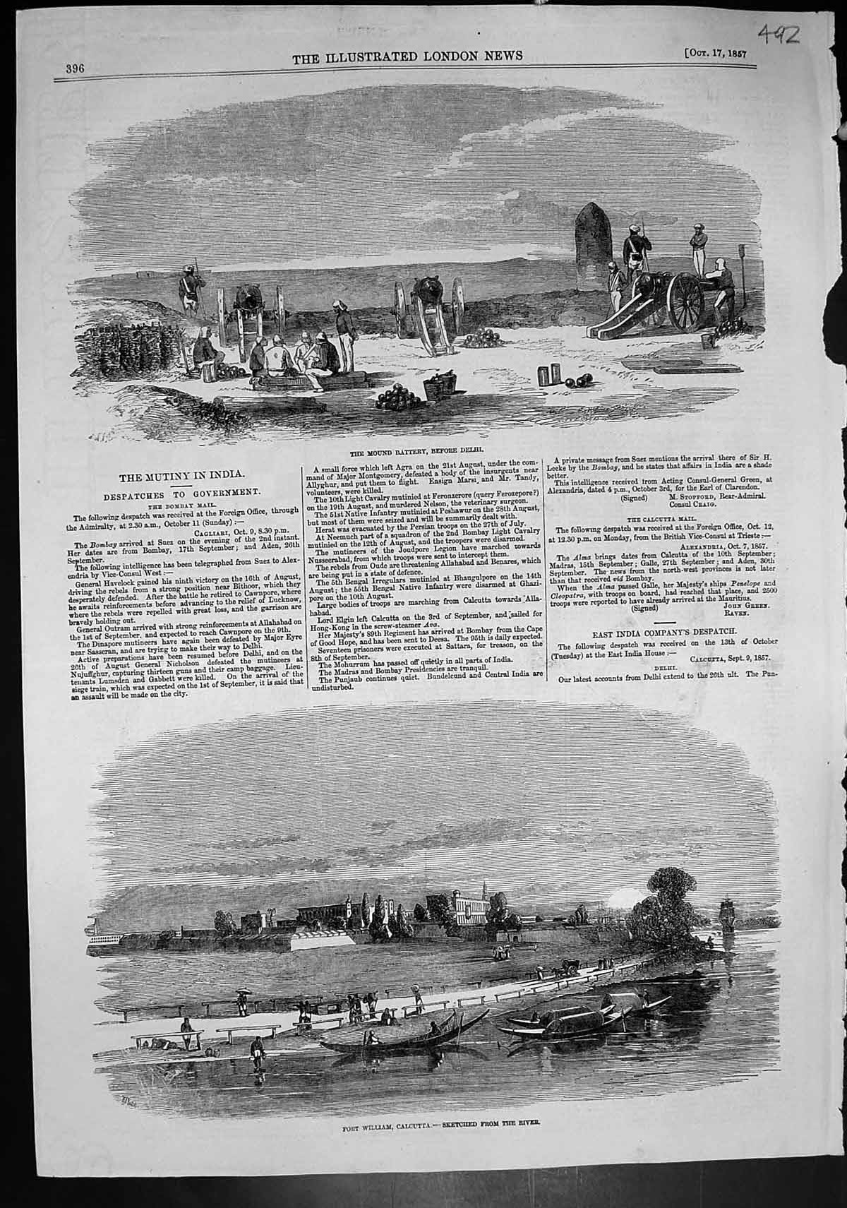 Old Antique Print Mound Battery Before Delhi Fort William Calcutta 1857 19th