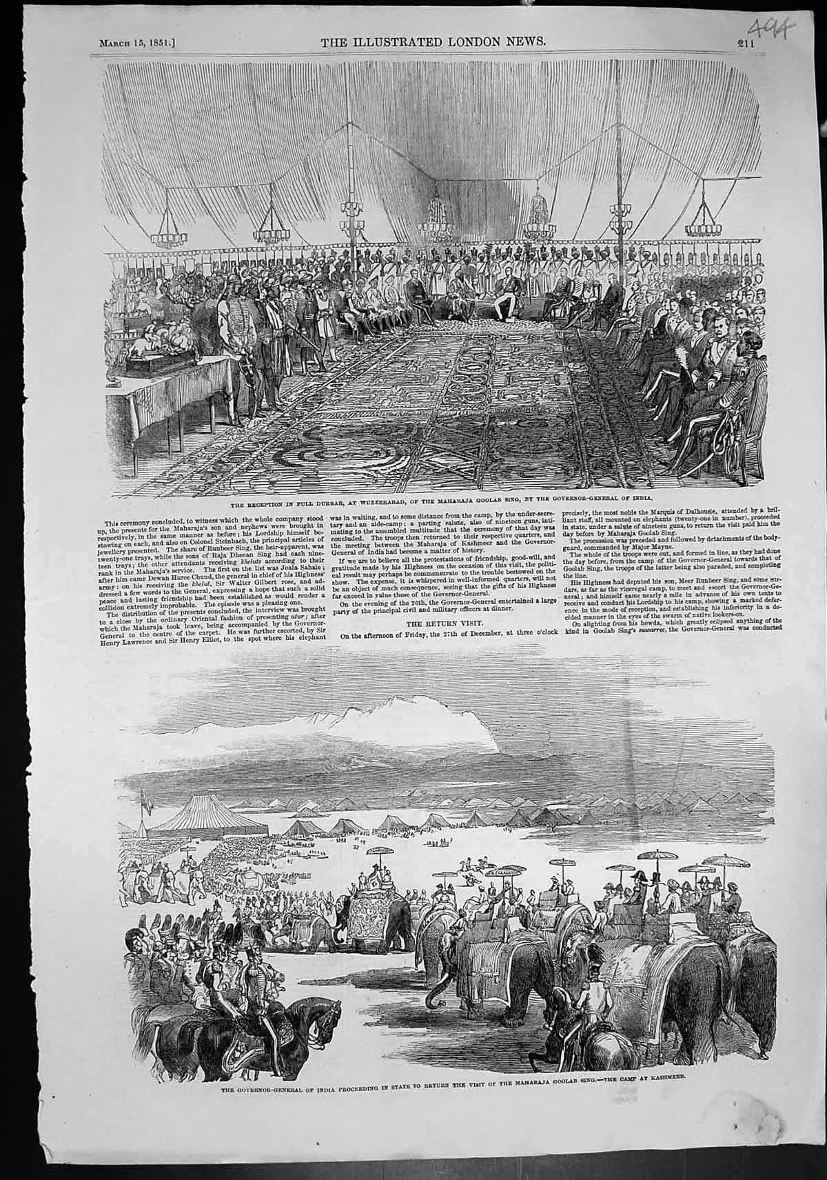 Old Reception Maharaja Goolab Sing By Gov Gen India Return Visit 1851 Victorian