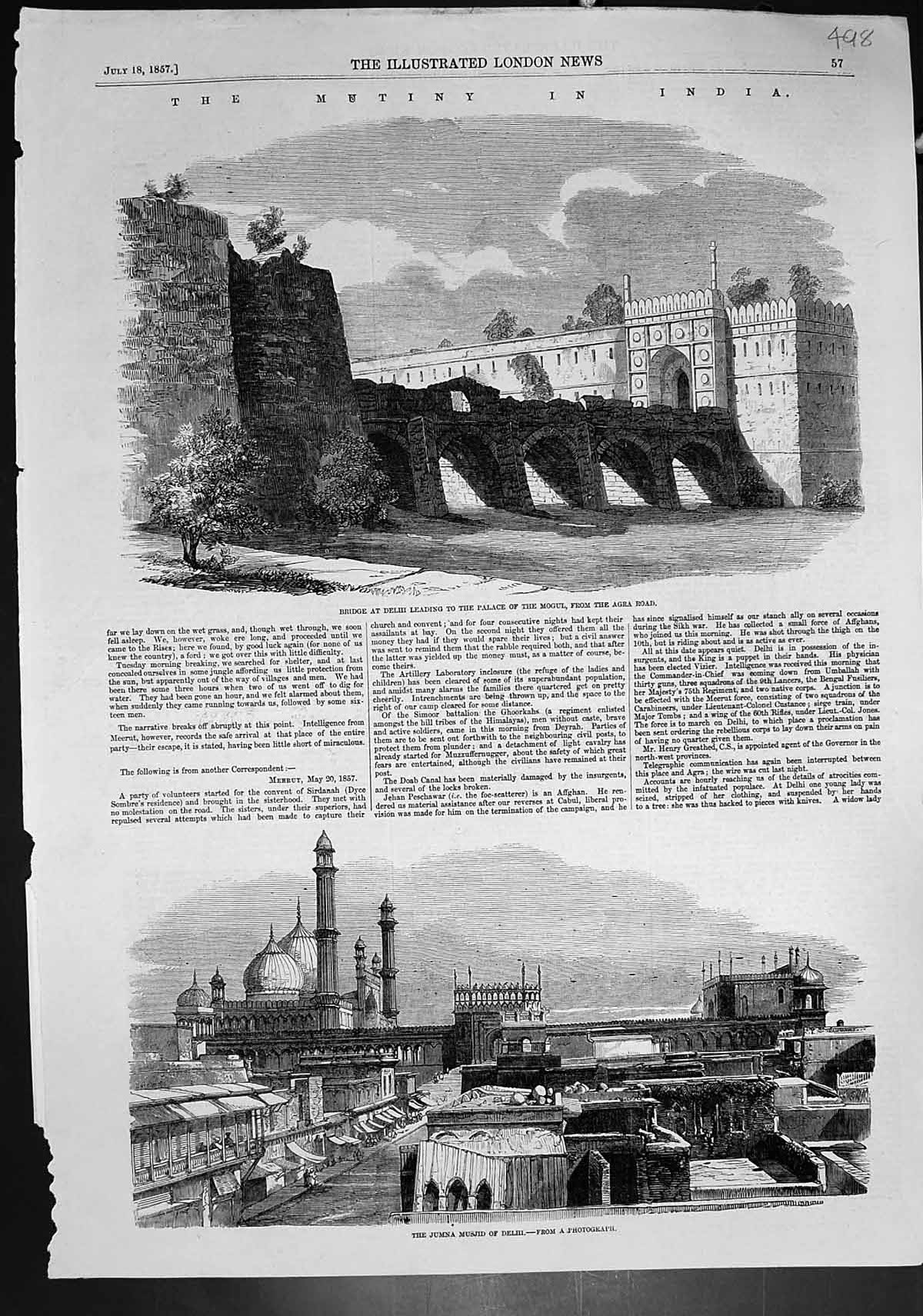 Antique Old Print Bridge Delhi Palace Mogul Agra Road Jumna Musjid Delhi 1857