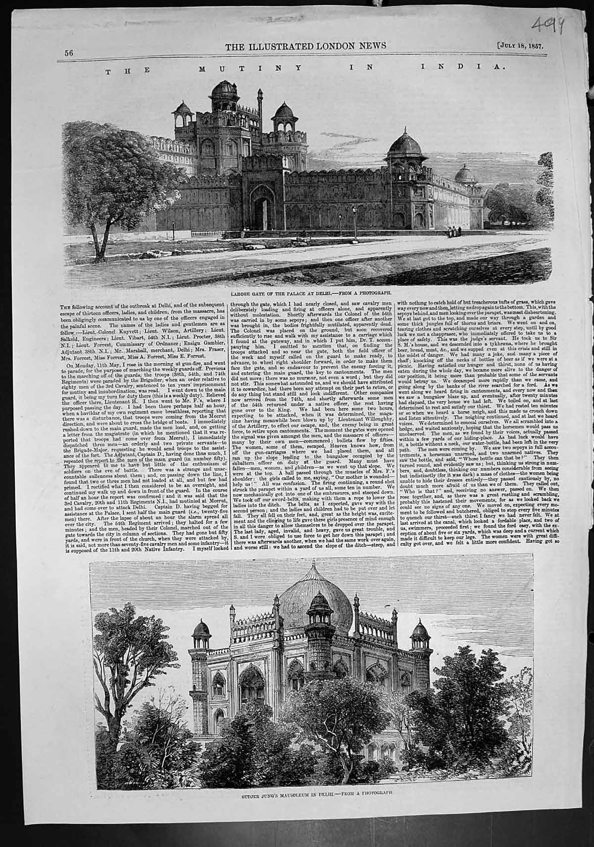 Antique Old Print Lahore Gate Palace Delhi Sudjer Jungs Mausoleum Delhi 1857