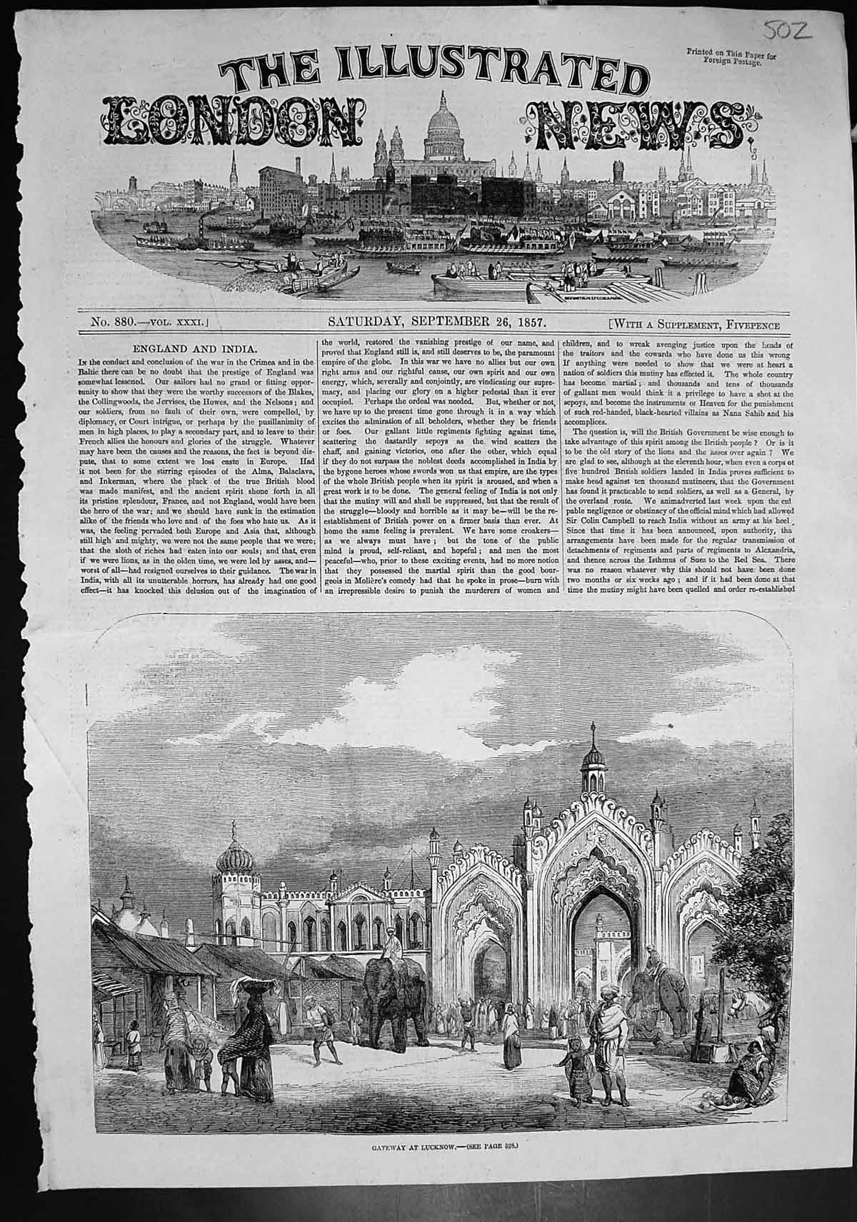 Original Old Antique Print India Gateway Lucknow Elephants Townspeople 1857