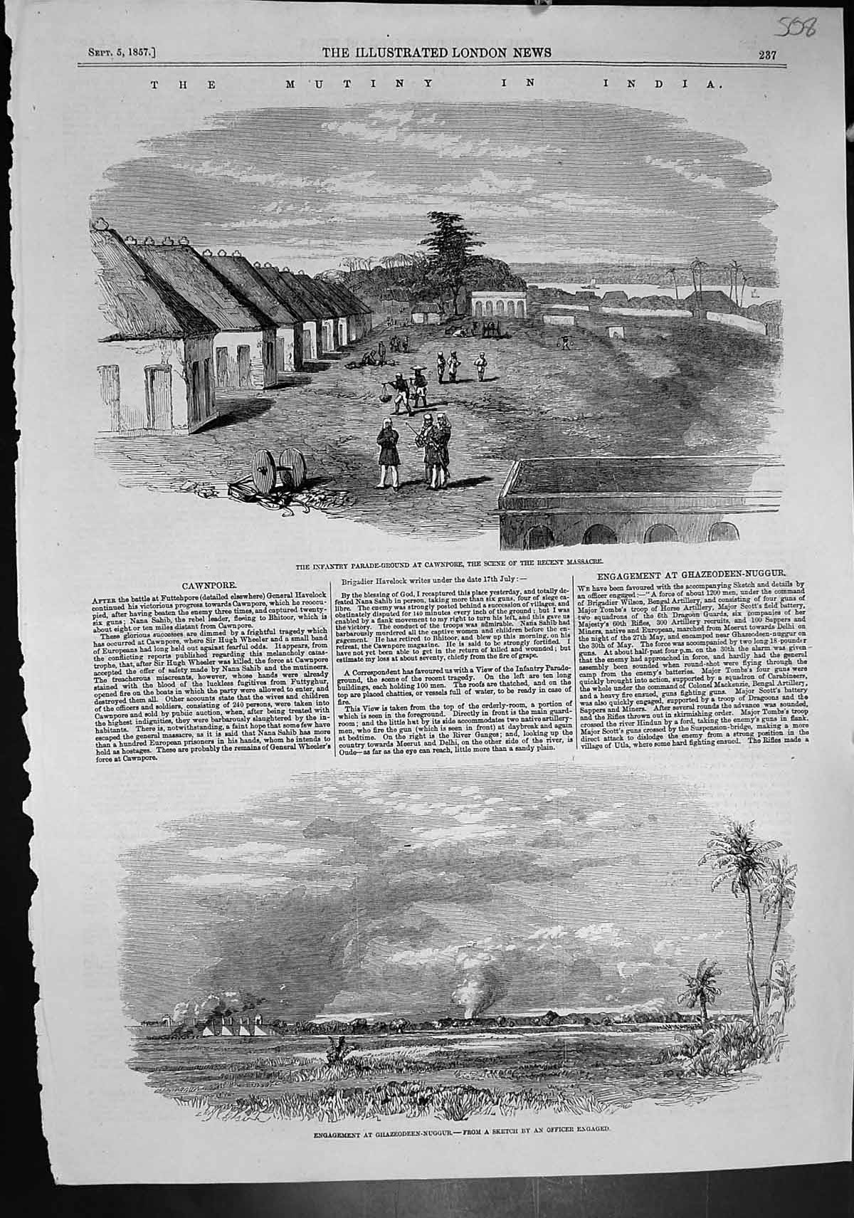 Old Print Infantry Parade Ground Cawnpore Massacre Ghazeodeen Nuggur1857 19th