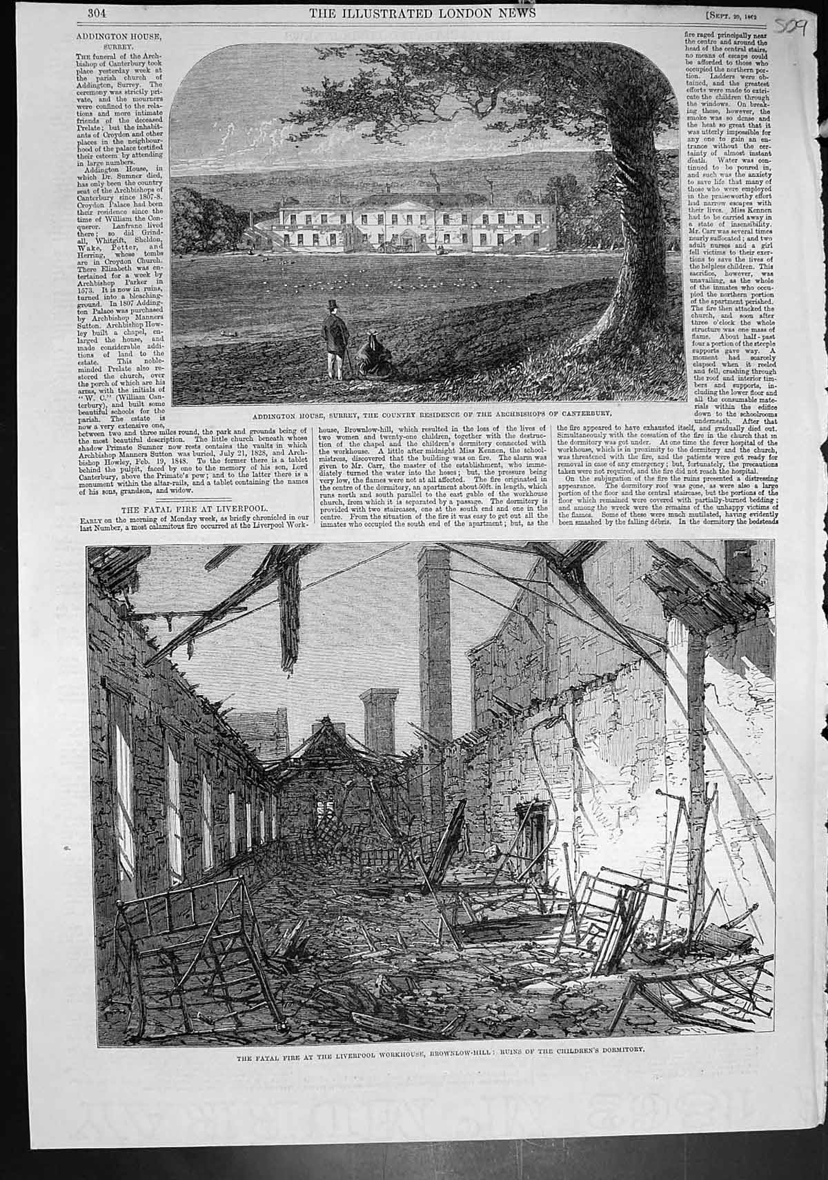 Old Addington Ho Surrey Archbishop Canterbury Fatal Fire Workhous 186 Victorian