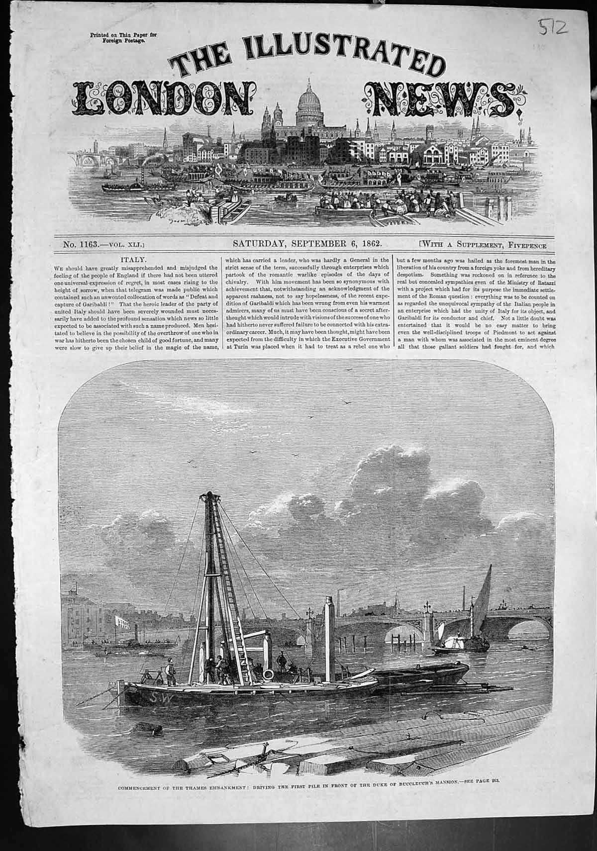 Old Thames Embankment Driving First Pile Duke Buccleuchs Mansion 1862 Victorian
