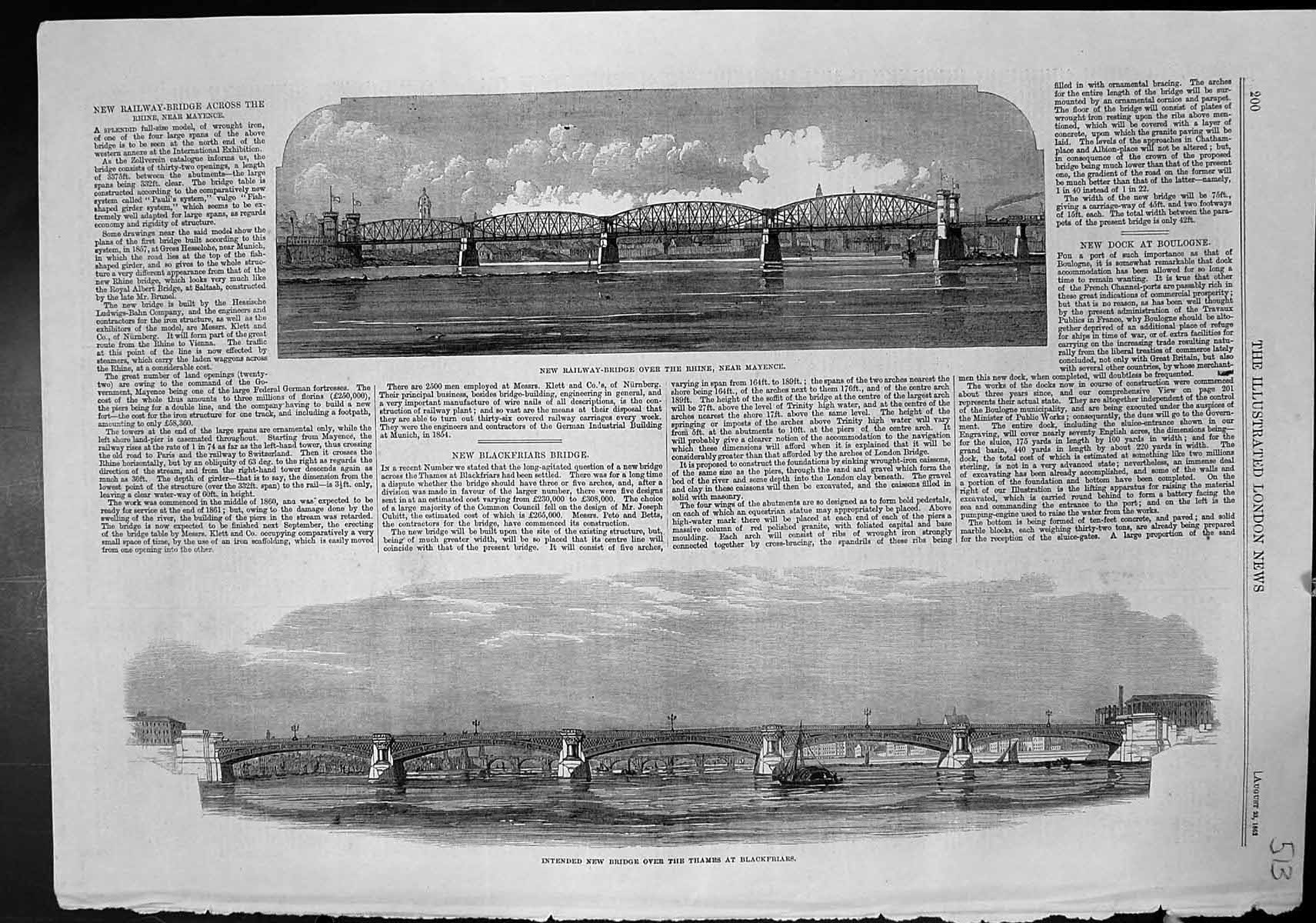 Old New Railway Bridge Rhine Mayence Intended Bridge Blackfriars 1862 Victorian