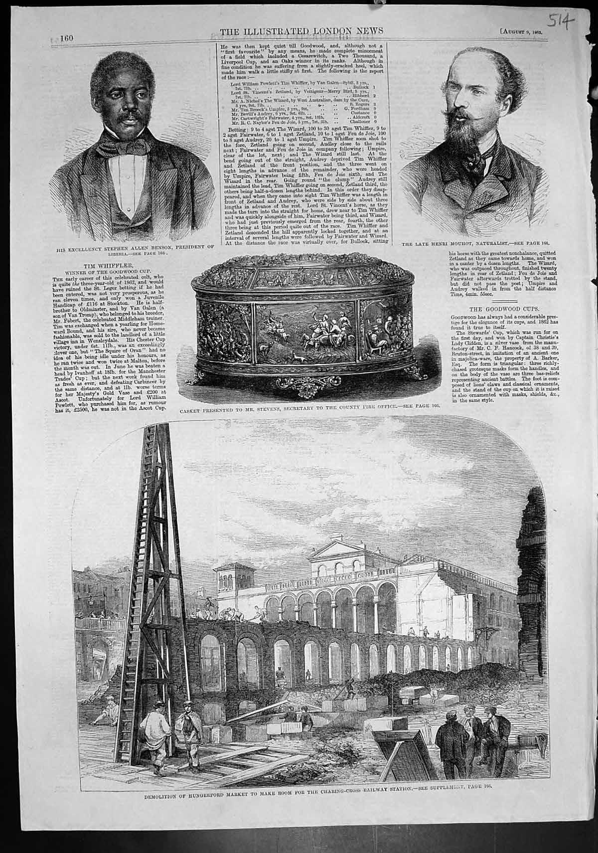 Antique Old Print Henri Mouhot Naturalist Demolition Hungerford Market 1862