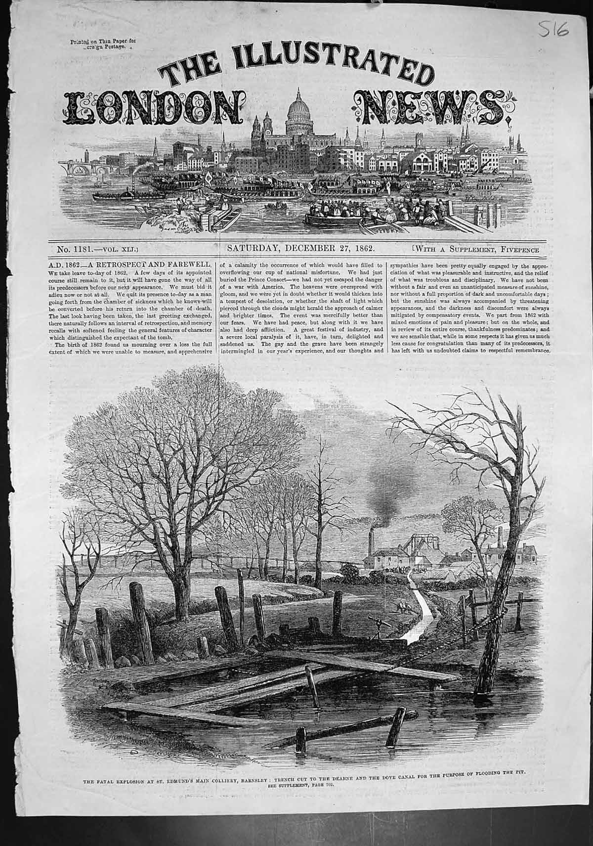 Old Print Fatal Explosion St Edmunds Colliery Barnsley Trench Canal 1862 19th
