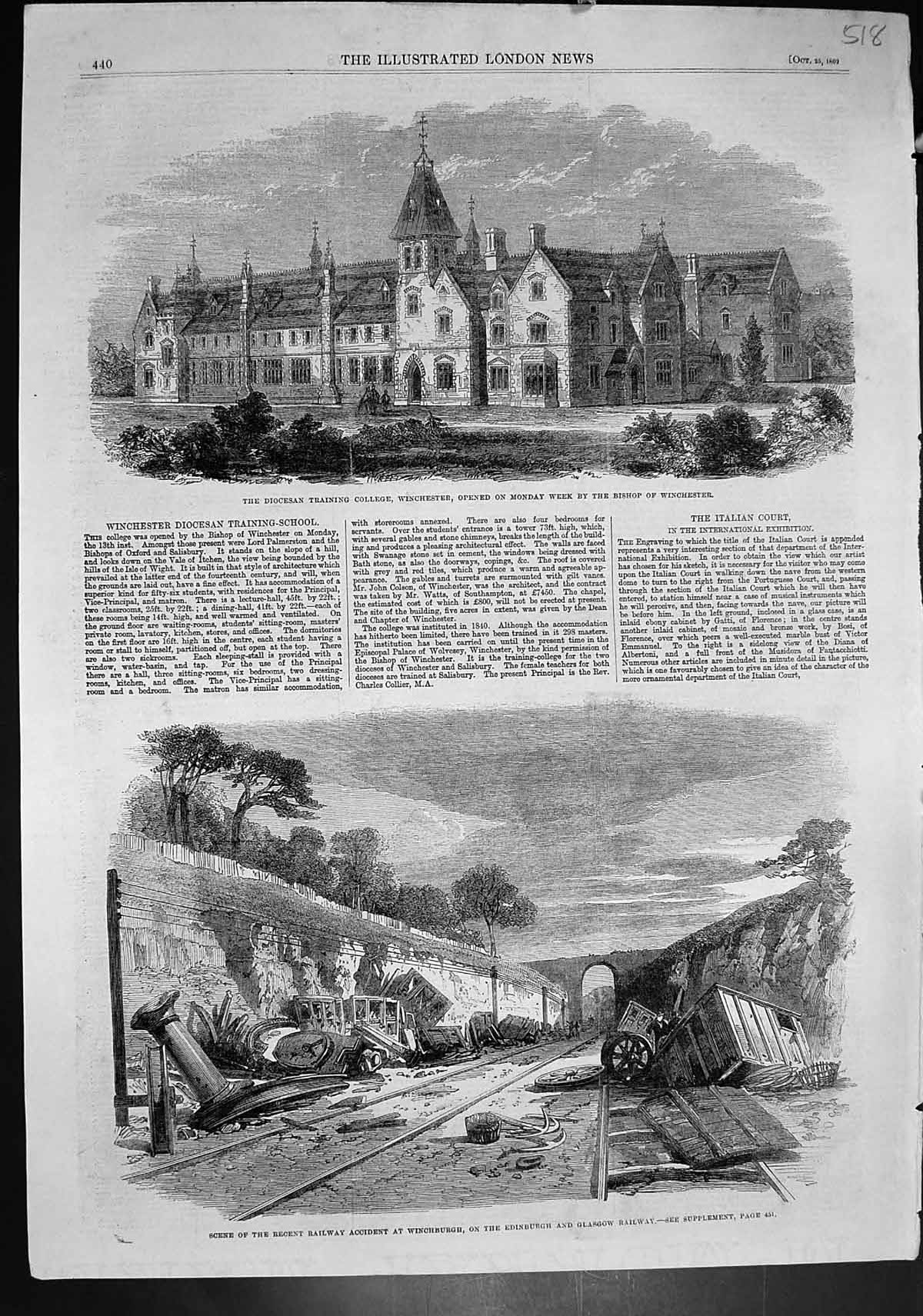 Antique Print Diocesan College Winchester Railway Accident Winchburgh 1862 19th