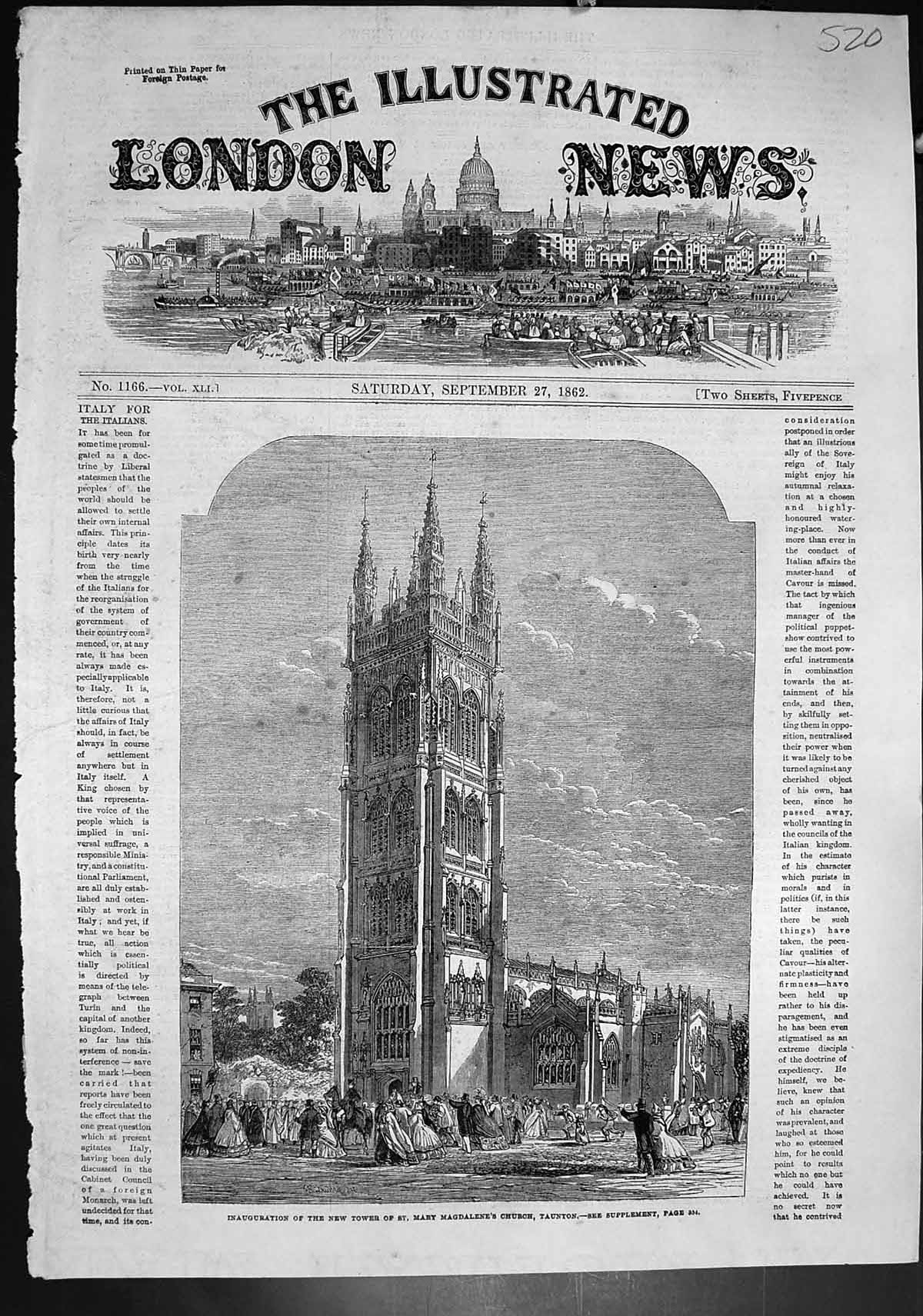 Antique Print Inauguration New Tower St Mary Magdalenes Church Taunton 1862