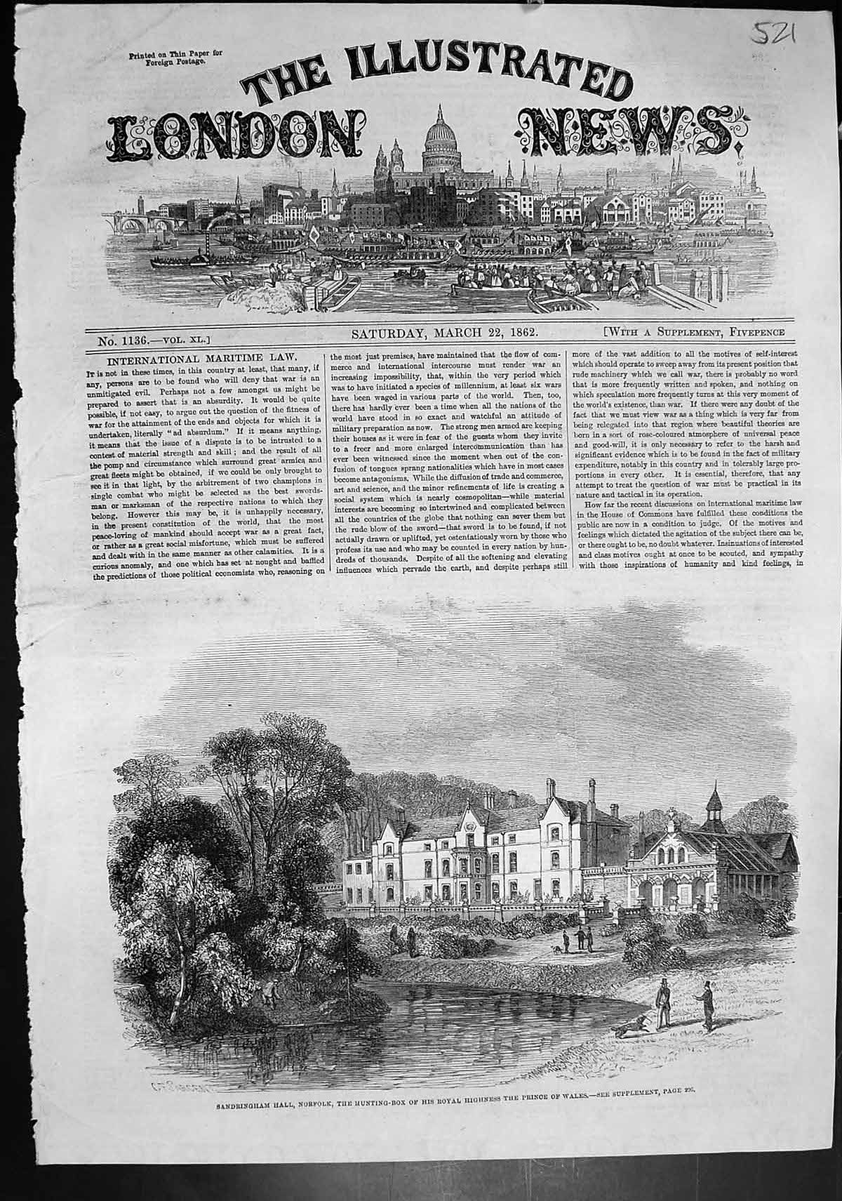 Old Antique Print Sandringham Hall Norfolk Hunting Box Prince Wales 1862 19th