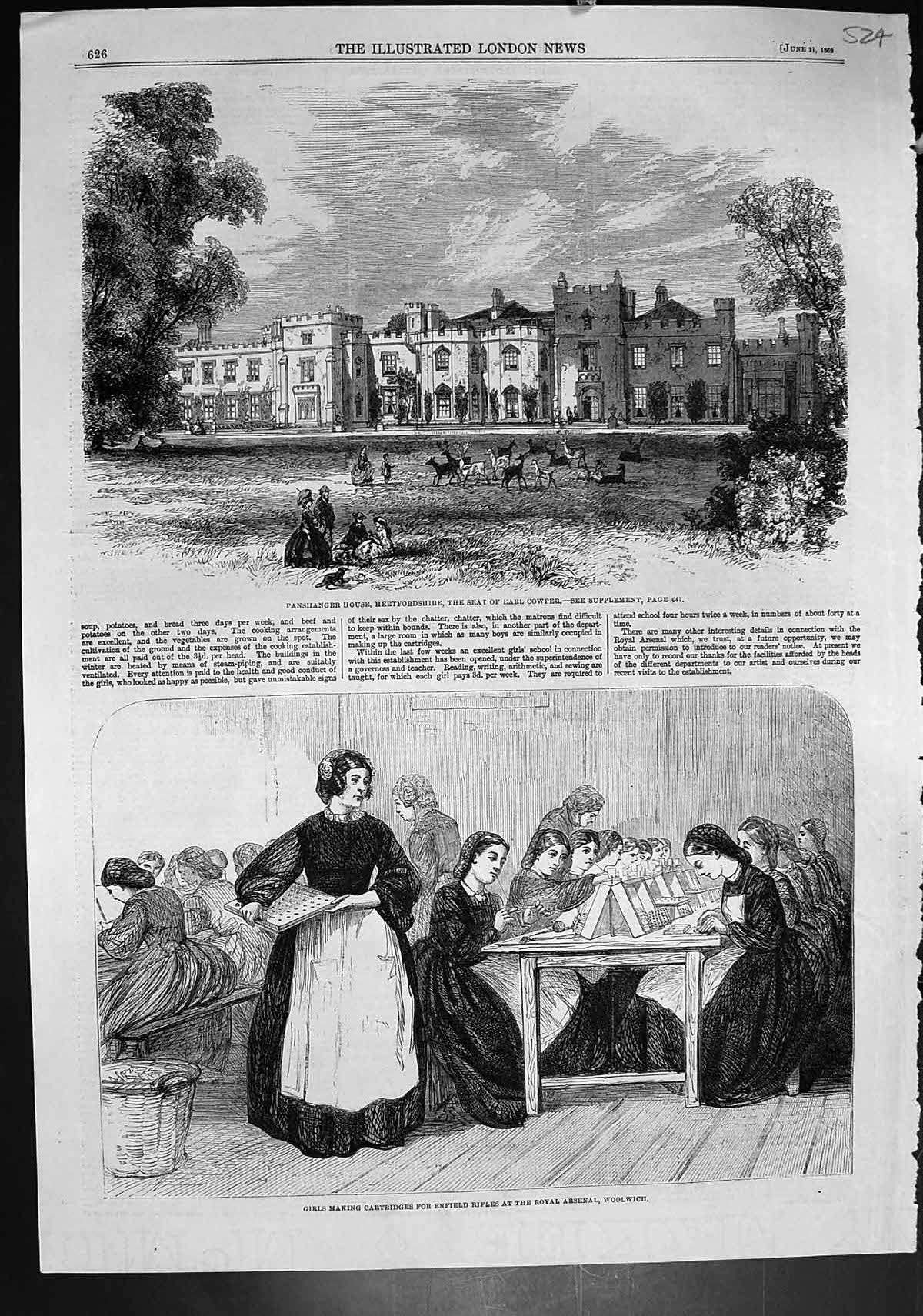 Old Print Panshanger House Hertord Girls Making Cartridges Woolwich 1862 19th