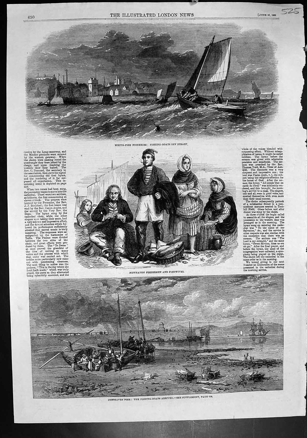 Old Print White Fish Fisheries Dysart Newhaven Fishermen Wives Boats 1862 19th