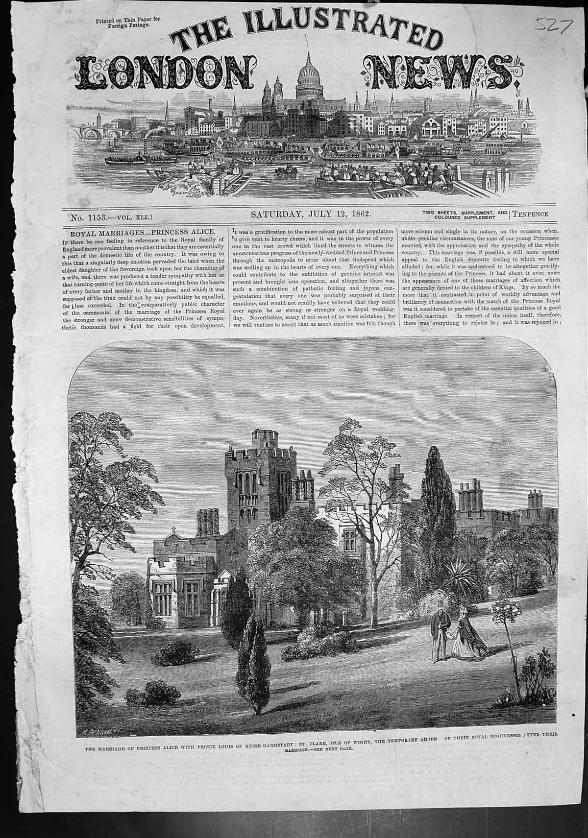 Old Print St Clare Isle Wight Home Princess Alice Prince Louis Hesse 1862 19th