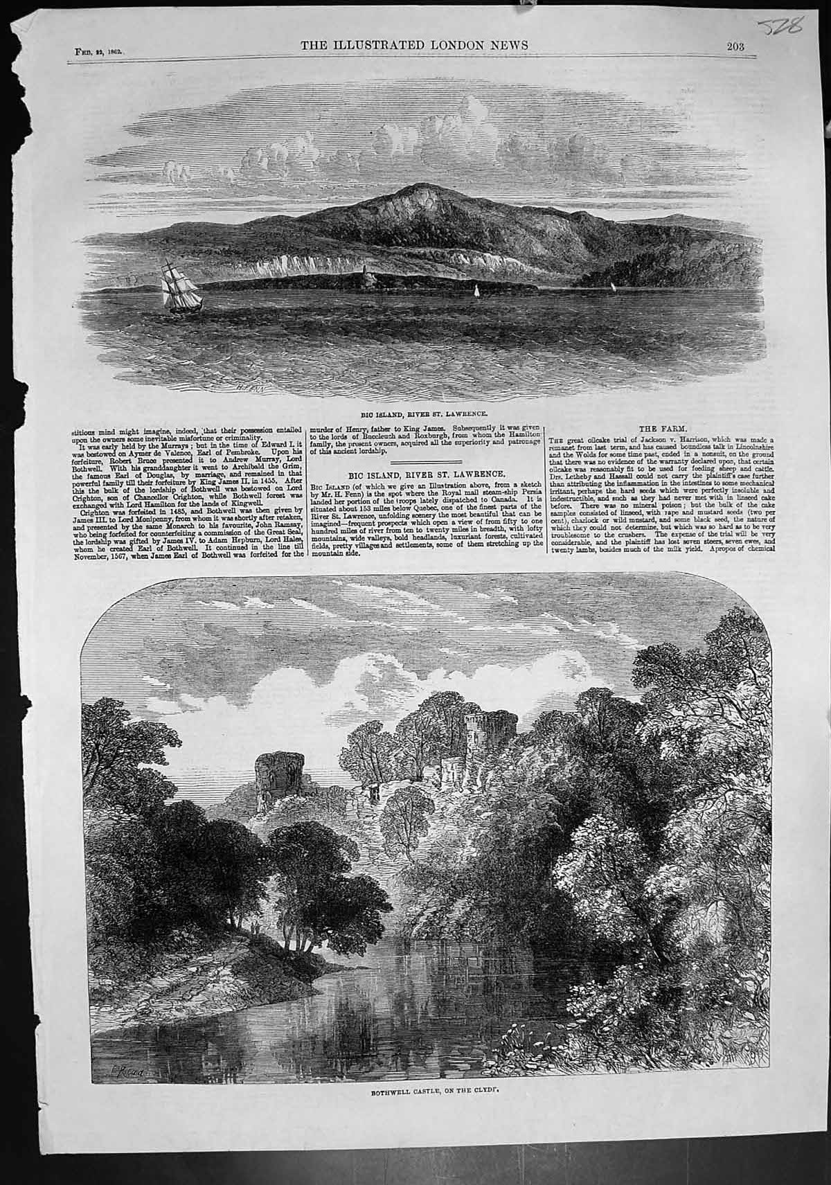 Old Antique Print Bic Island River St Lawrence Bothwell Castle Clyde 1862 19th