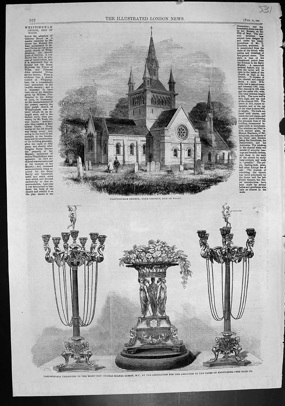 Antique Old Print Whippingham Church Osborne Testimonials Thomas Gibson 1862