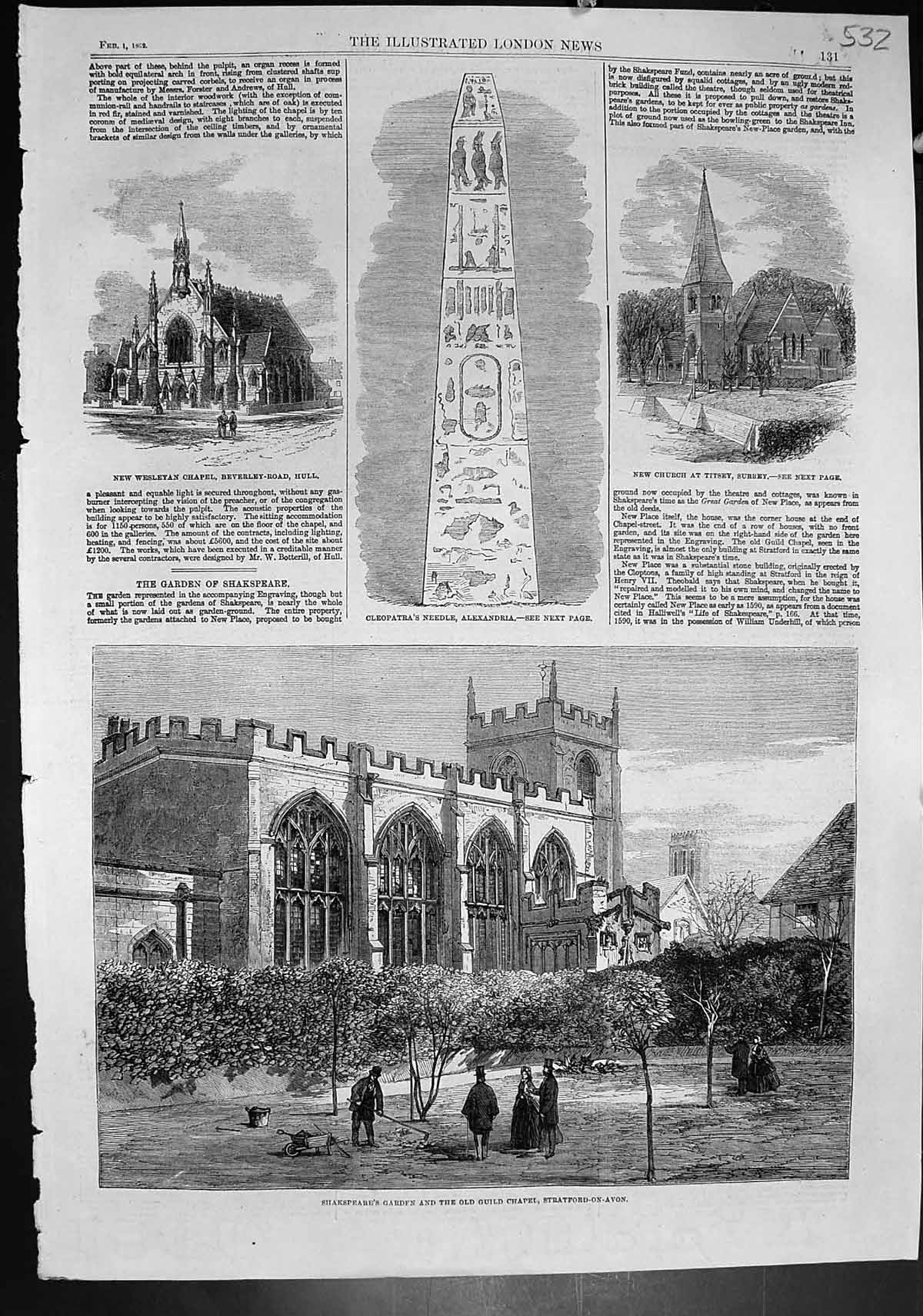 Old Print Shakspeares Chapel Stratford Cleopatras Needle Alexandria 1862 19th