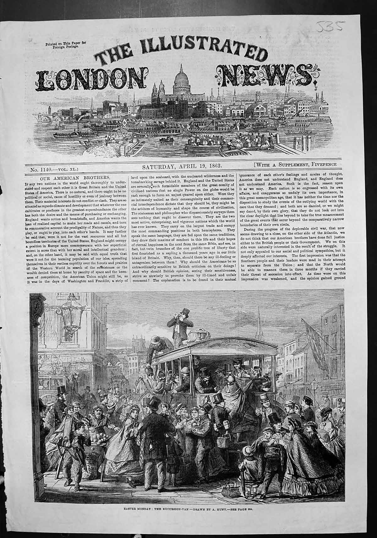 Original Old Antique Print Easter Monday Excursion Van A Hunt 1862 Victorian