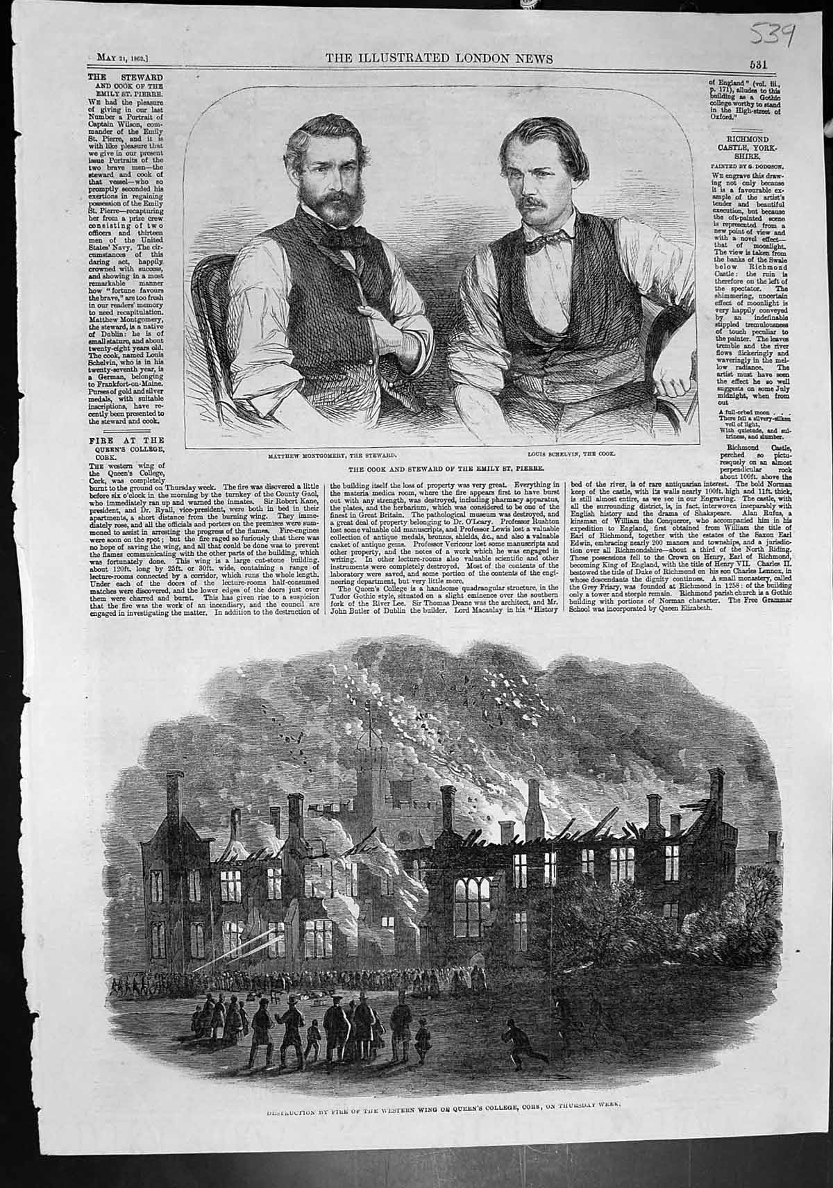 Old Print M Montgomery L Schlevin St Pierre Fire Queens College Cork 1862 19th