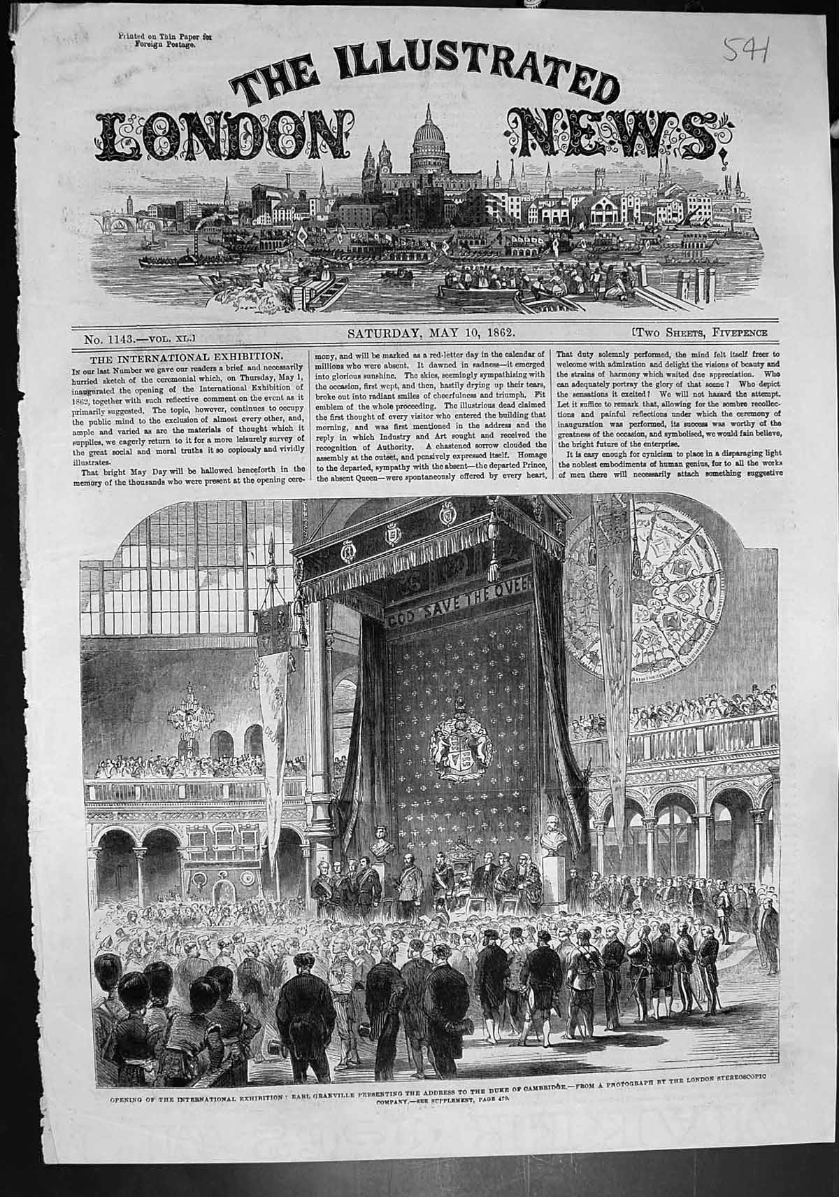Antique Print Opening International Exhibition Earl Granville Address 1862 19th