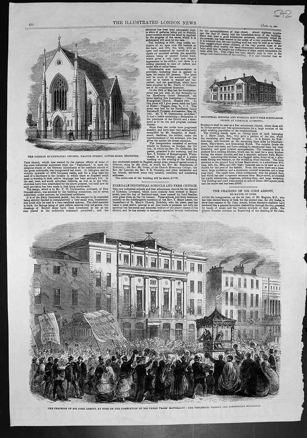 Antique Print German Church Islington Chairing John Arnott Cork Mayor 1862 19th