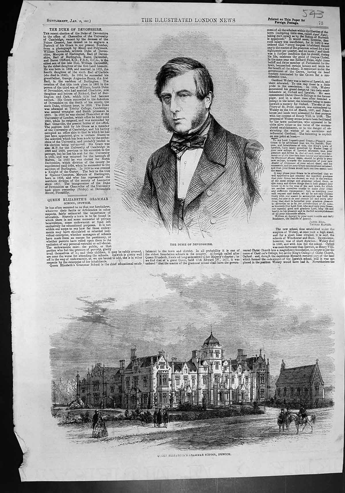 Antique Print Duke Devonshire Queen Elizabeths Grammar School Ipswich 1862 19th